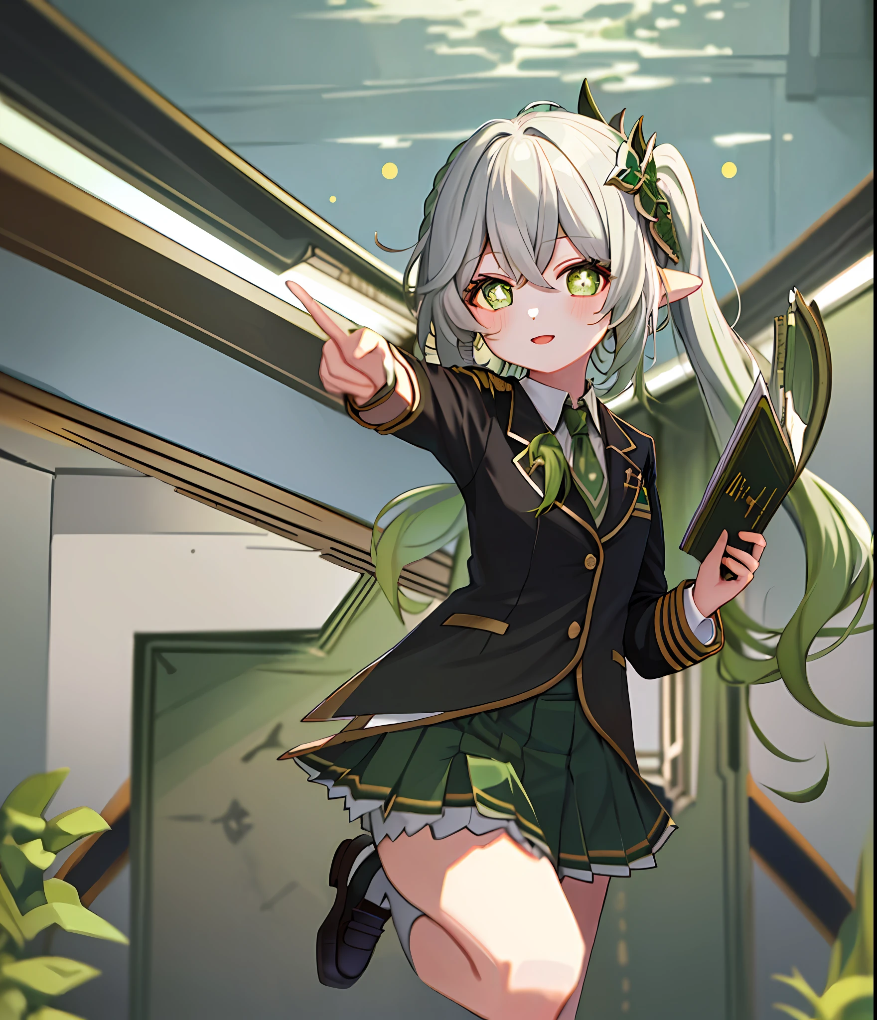 masterpiece, best quality, 1girl, solo, nahida_genshin, cross-shaped pupils, school uniform, green tie, blazer, pleated skirt, green cape, standing