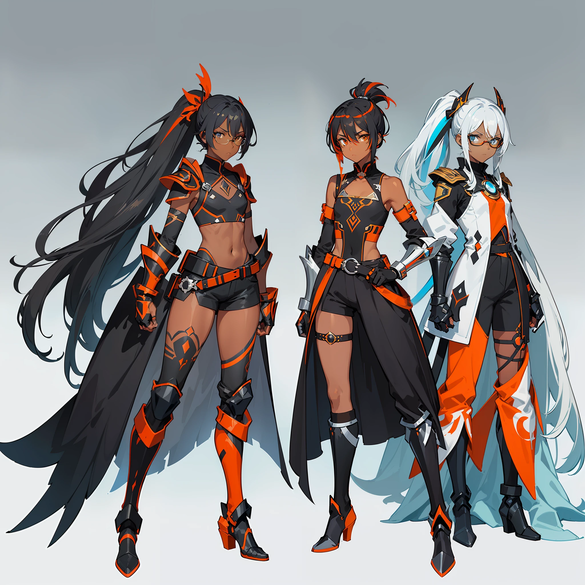 (((Concept Art))), (((Flat chest))) Female, (((Dark Skin)))), Black Hair with Ponytail, Light Blue Eyes, Round Glasses with Dark Lens with this Lens being Orange, and Light Blue Color Frame, ((((Black Metallic Gauntlets and Greaves with Orange and Silver Highlights)))), (((The Clothes Have a Mix of Modern and Tribal)))), White Shirt, Having Mostly Black Color, but with Orange Parts, Shoulders on display, On the hip a black shorts that extend to the middle of the thigh.