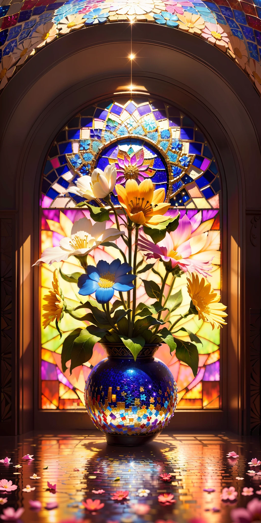 Flower, smile, Surrealism, mosaic art, sparkle, backlighting, 8k, super detail