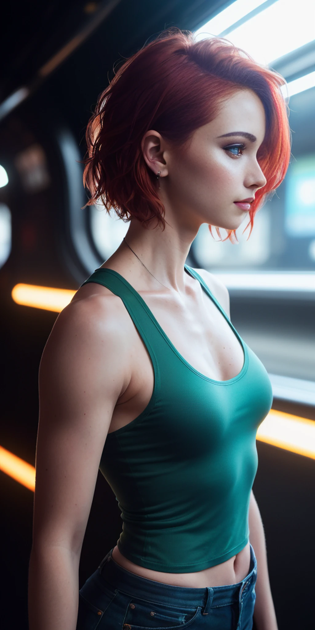Masterpiece, (((full figure))) entire body in frame, (((magical lighting action shot))) (((beautiful slight smile anorexic pale goddess Irish woman standing on sub way train, neon lights))), (((tank top side boob, side view, side profile, exposed breasts, open shirt))) , (((short redhead hair))) moody lighting, blue hour, blue colors, very detailed, dramatic lighting, digital art trending on Artstation 8k HD high definition detailed realistic, detailed, skin texture, hyper detailed, realistic skin texture, armature, best quality, ultra high res, (photorealistic:1.4), high resolution, detailed, raw photo, sharp re, by lee jeffries nikon d850 film stock photograph 4 kodak portra 400 camera f1.6 lens rich colors hyper realistic lifelike texture dramatic lighting unrealengine trending on artstation cinestill 800, (((accurate female anatomy, perfect eyes)))