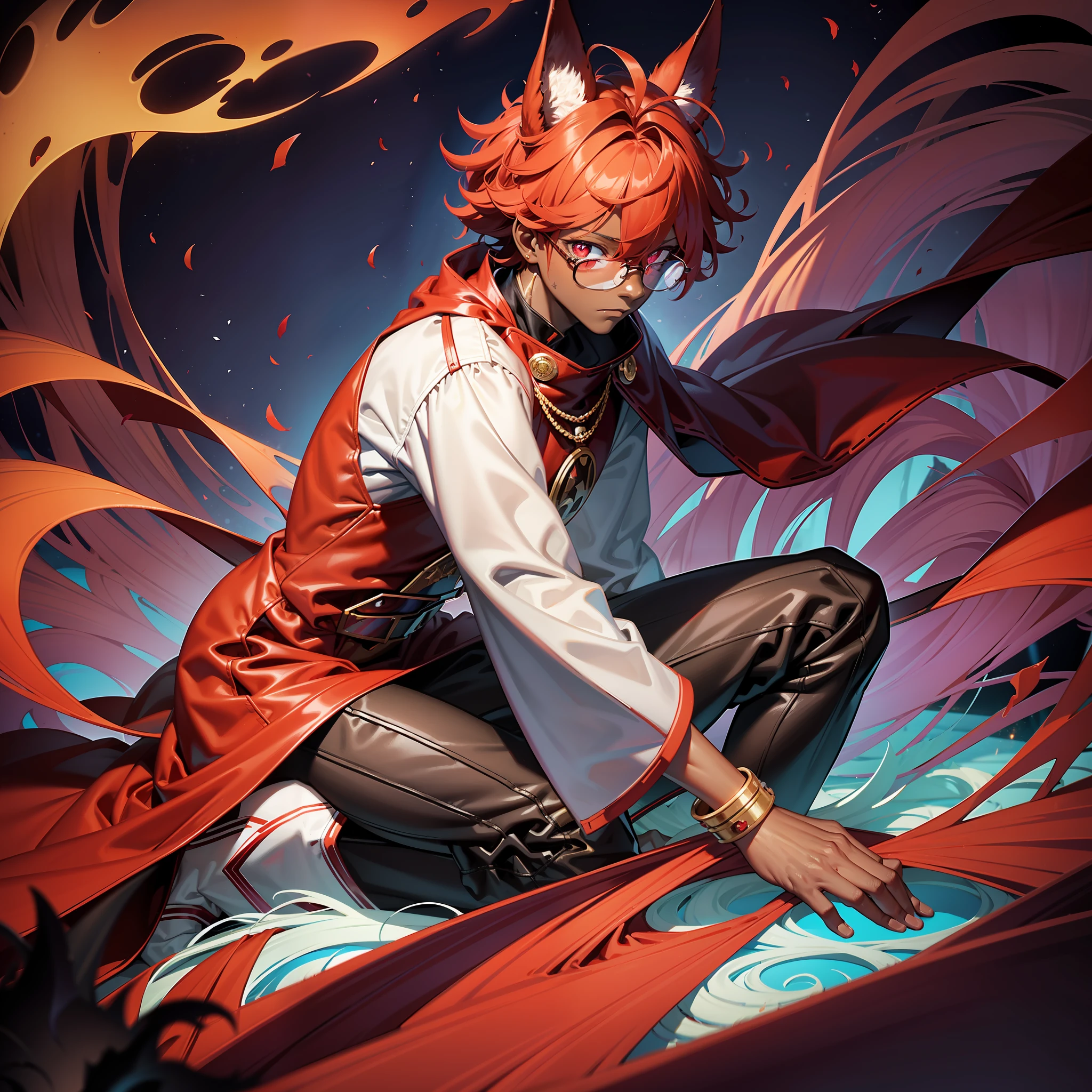 dark skin, red eyes, 1boy, big messy red hair, flames in ears, 1boy, flames around user, oversized cape, red rabbit ears, (best quality, masterpiece), sitting, looking at the viewer, dark skin, glasses, short, dark skin, solo, standing, subtle paterns of bright shades of purple along their limbs and tail, red eyes