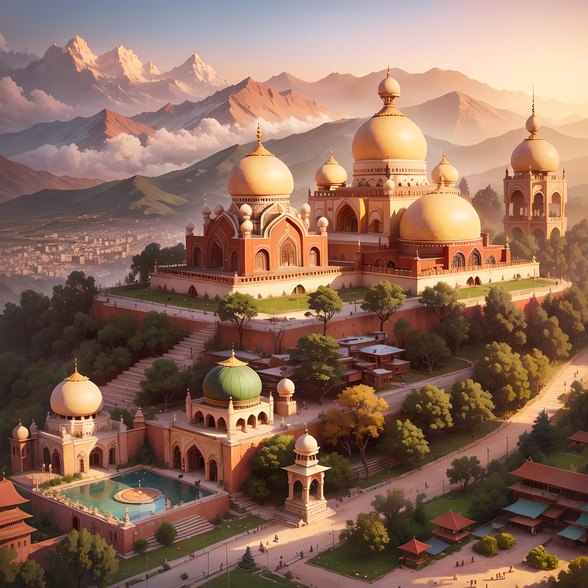 Indian-style city of heavenly peace seen from atop a mountain --auto --s2