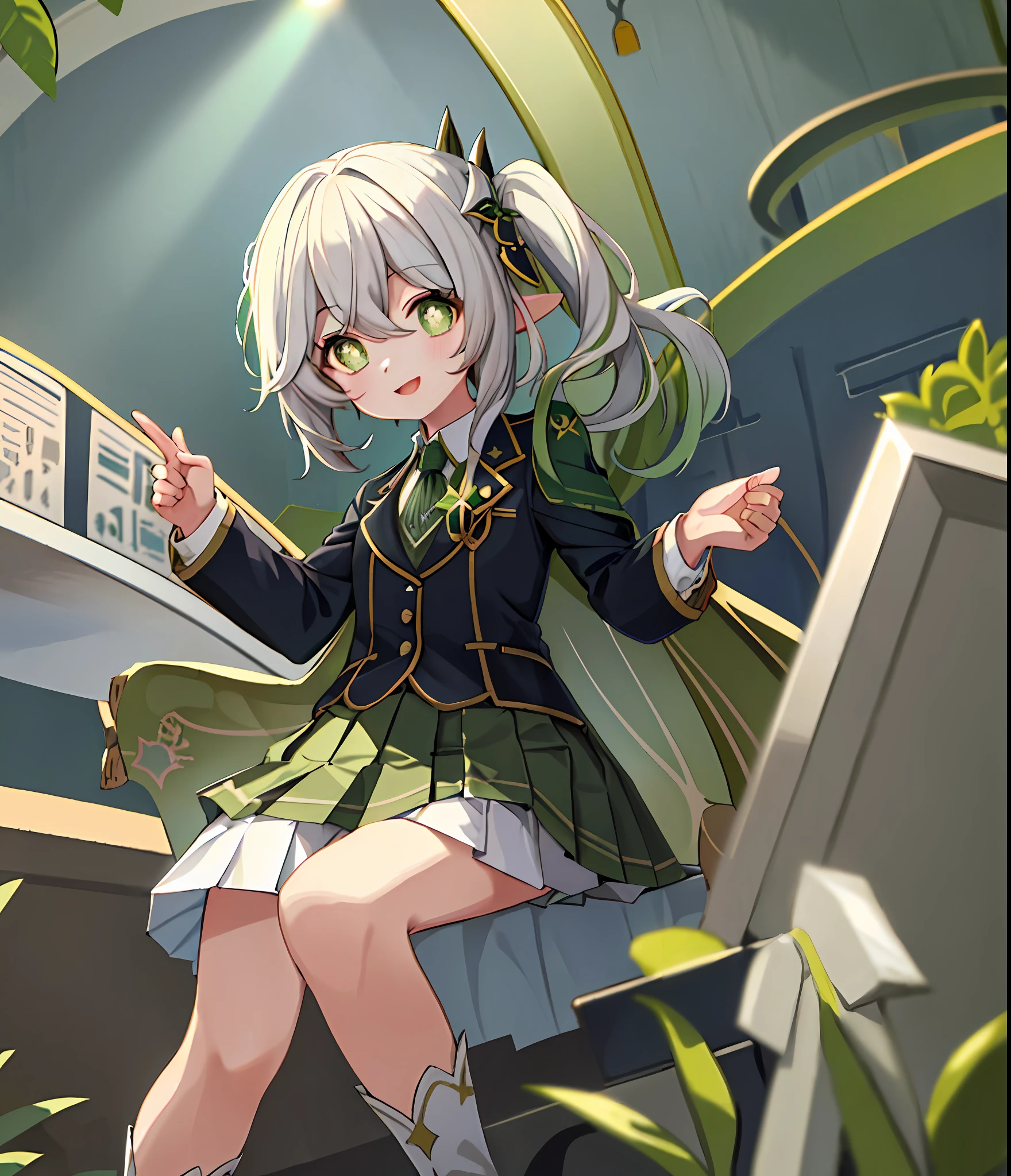 masterpiece, best quality, 1girl, solo, nahida_genshin, cross-shaped pupils, school uniform, green tie, blazer, pleated skirt, green cape, standing