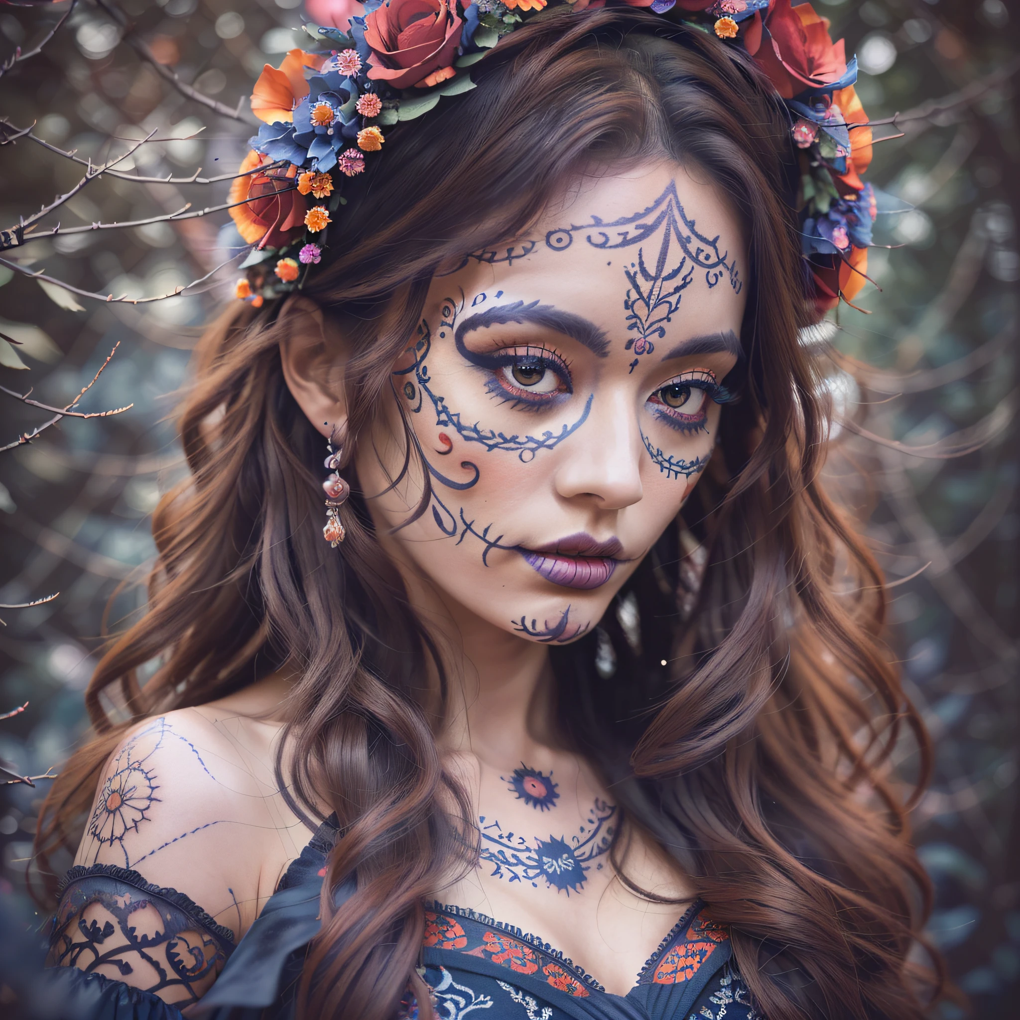 (dark photo:1.4), 80mm, a beautiful woman with long curly hair with (colorful makeup Dia de Muertos:1.3): posing in forest, crown of roses (on head:1.2), intricate detailed long (red dress:1.3) with black lace details, 4k, 8k, (intricate details:1.12), hdr, (intricate details, hyperdetailed:1.15), (natural skin texture, hyperrealism, soft, crisp light:1.2),   soft, sharp light, exposure mix, medium shot, bokeh, (HDR:1.4), high contrast, (cinematic, navy blue and orange:0.85), (soft colors, faint colors, soft tones:1.3), low saturation, (hyperdetailed:1.2), (noir:0.4) sensual look --auto --s2