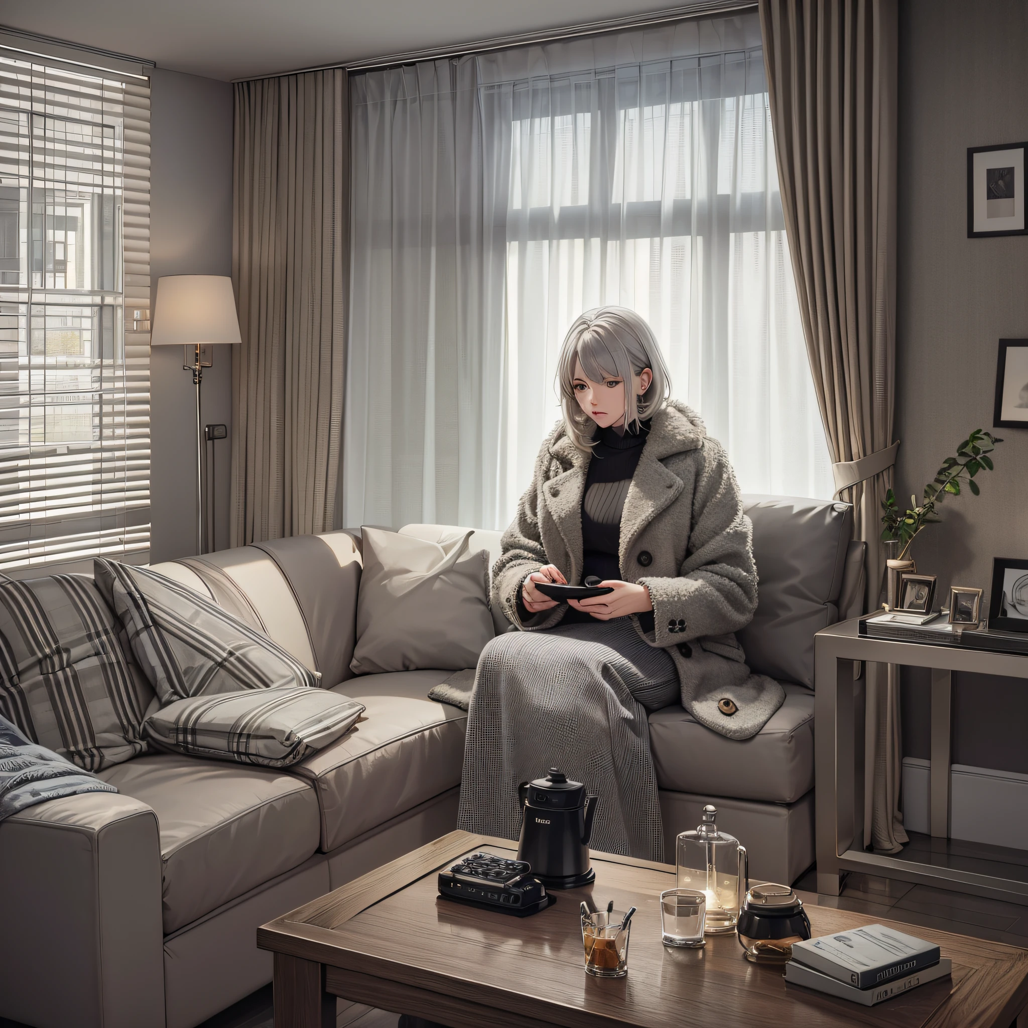 Women, medium hair, gray hair, tweed coat, telephone, call, indoor bright light, light curtains, comfortable sofa, reasonable layout.