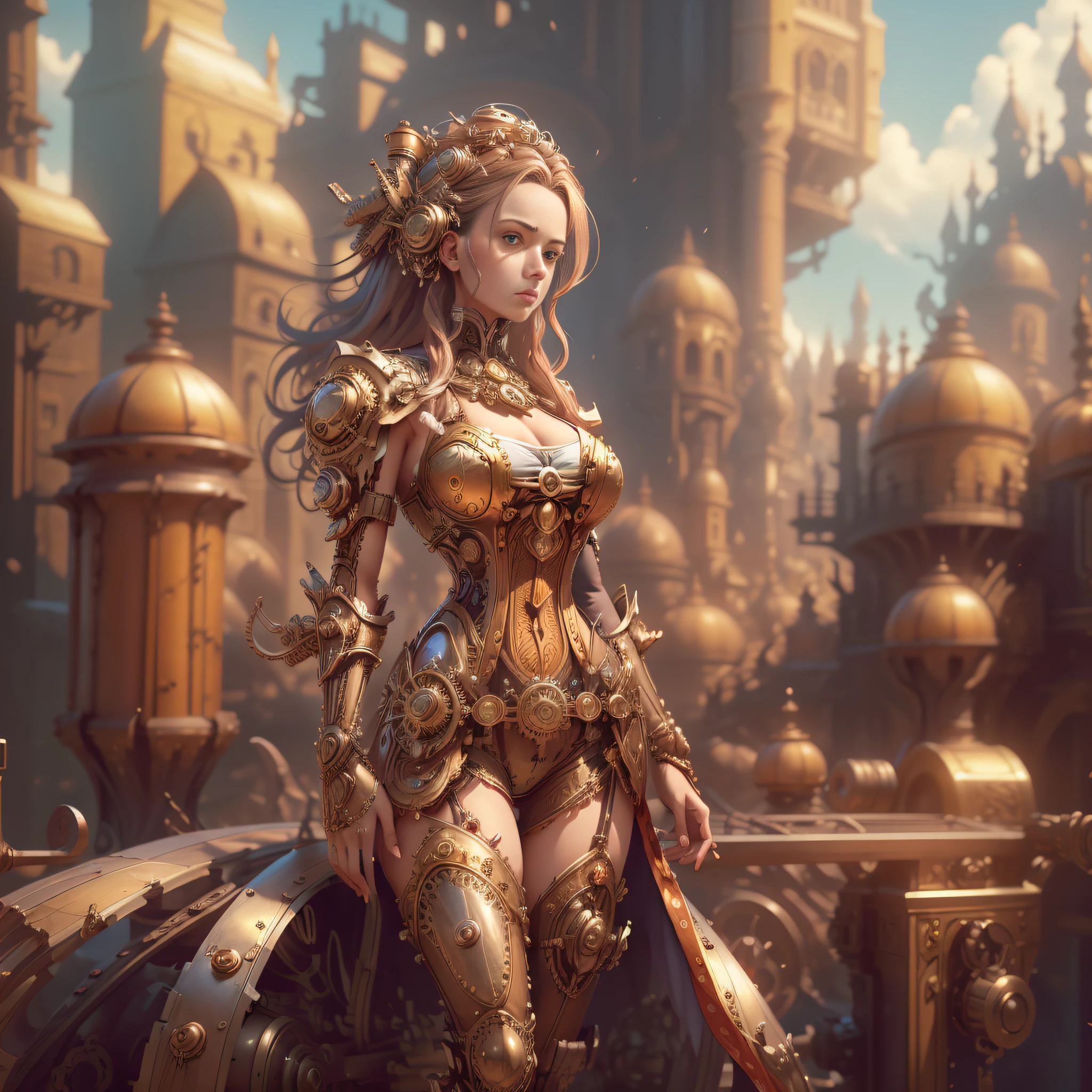 (masterpiece, superior quality, best quality, official art, beautiful and aesthetic:1.2), extremely detailed,colorful,more detailed ((ultra-detailed)), (highly detailed CG illustration), ((an extremely delicate and beautiful)), meccog, cog,looking at viewer, 1girl, solo, science fiction, full body,science fiction, hyper imaginary mega metropolis densely populated by steampunk style humanoid beings, (Victorian architecture+advanced technology), steam engines, (Victorian+horror clothing and style) in a horror, speculative fiction setting.
