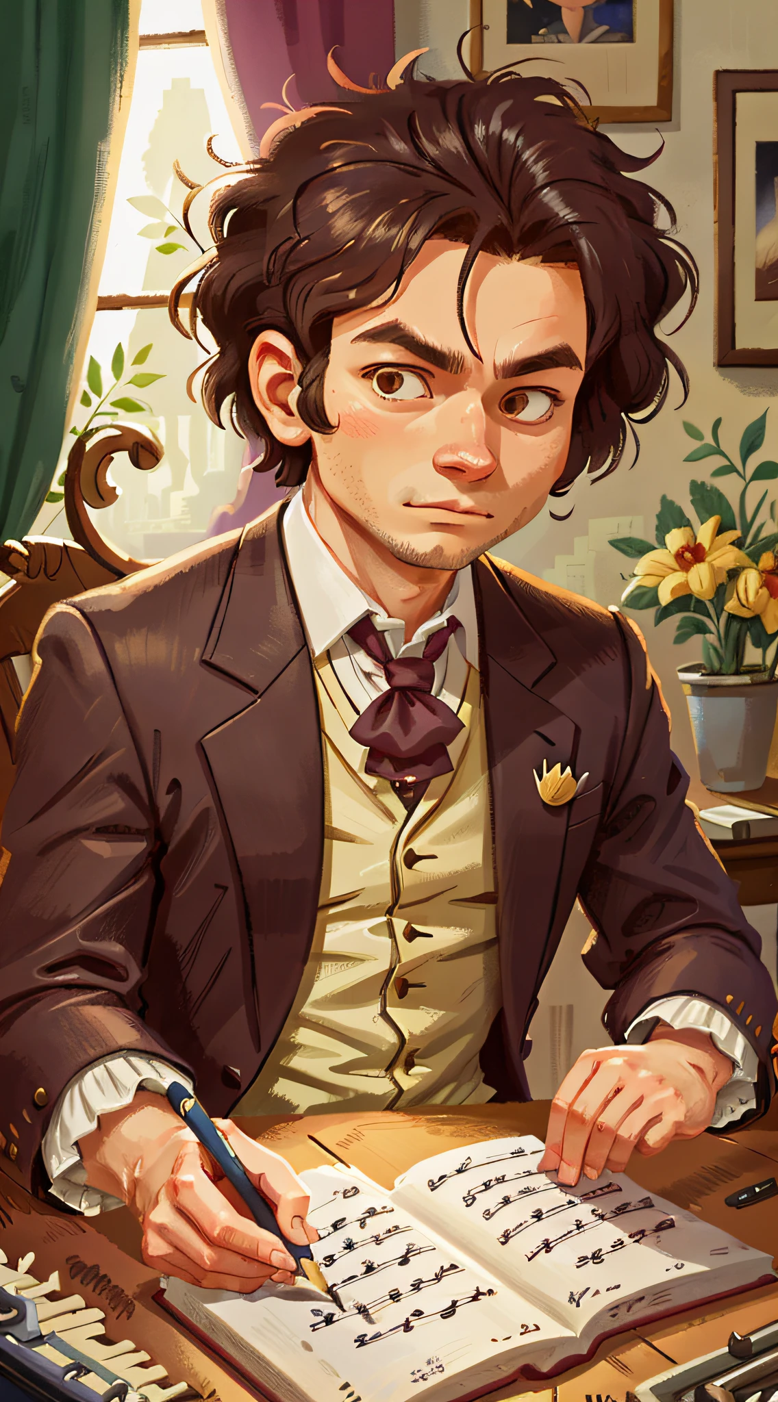 Ludiwig Van Beethoven, ultra realistic, high contrast, sharpness, neutral colors, looking to the right side, sitting next to an old piano