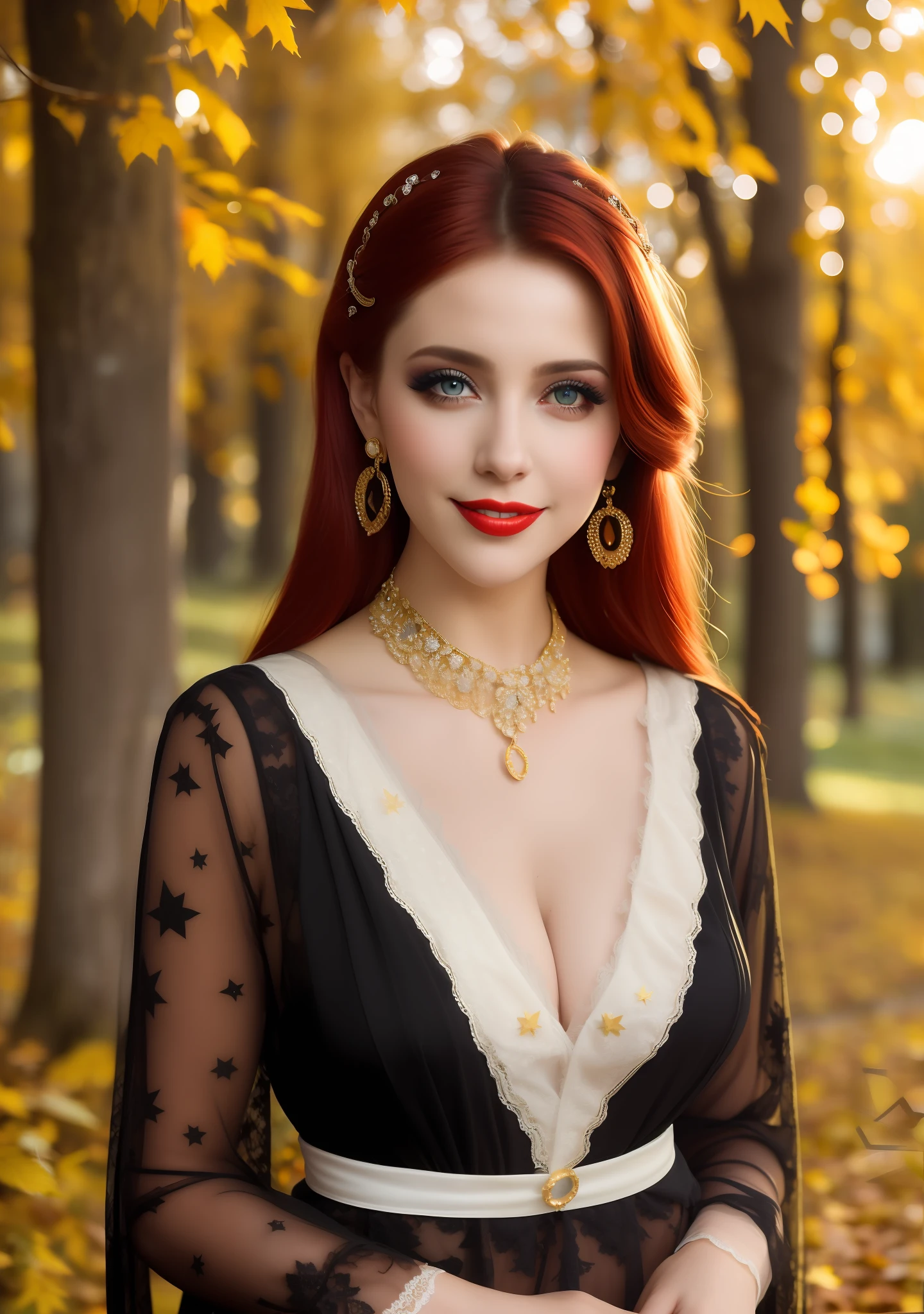 portrait, attractive young woman, MirKer, (beautiful face:1.1), cheerful smile, happy, detailed blue eyes, lush lips, earrings, detailed star cord, ring, bracelets, owl, (eye makeup:1.2), (large breasts:1.0), (tight body:1.2), (black and red hair:1.2), wearing (sensual gothic langerie with lace in white, black and gold color l:1.2) in (autumn trees, sheets :1.2). (morning sun illumination: 1.2), depth of field, bokeh, 4K, HDR. by (James C. Christensen:1.2| Jeremy Lipking:1.1).