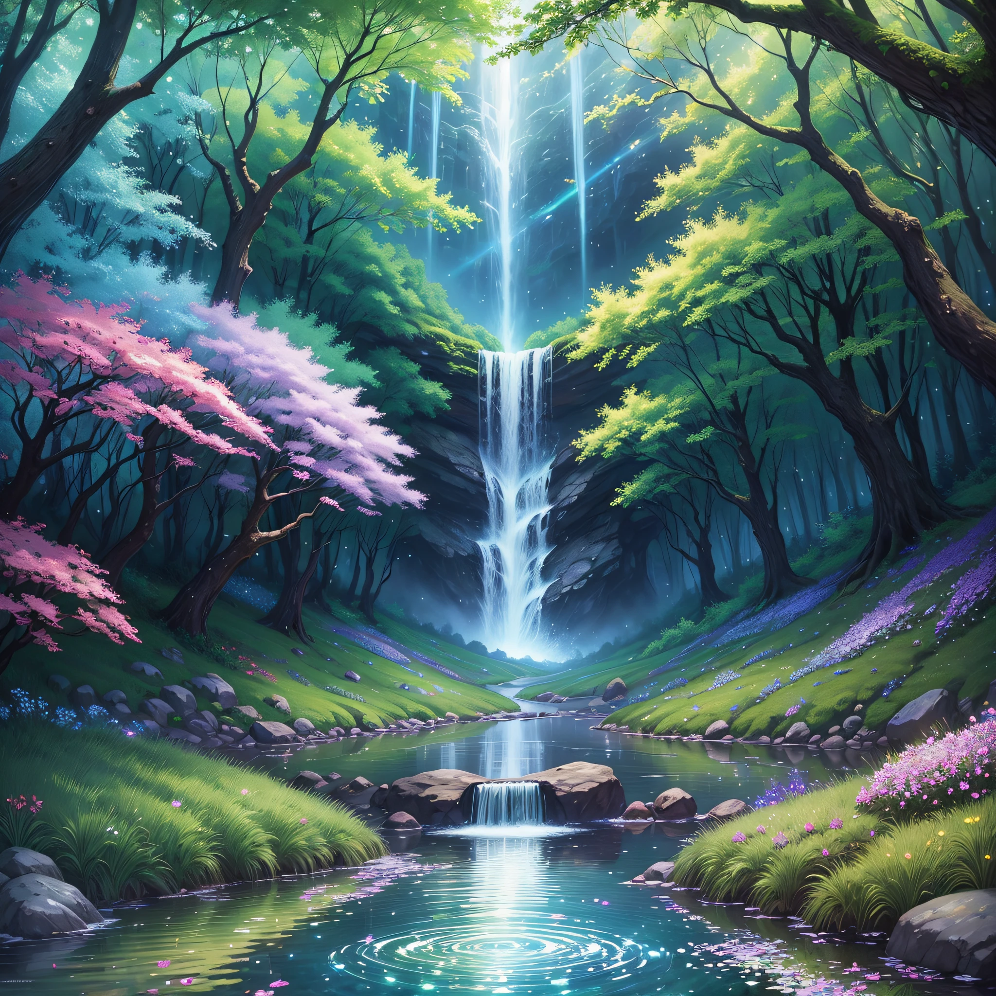 Enchanted forest, sparkling stream, field of bright flowers, majestic tree, sparkling waterfalls, magical glow, stars in the sky, fairy creatures, reflections in the water, mysterious mist, rainbow bridge, rainbow, soft light, enchanted path. --auto --s2