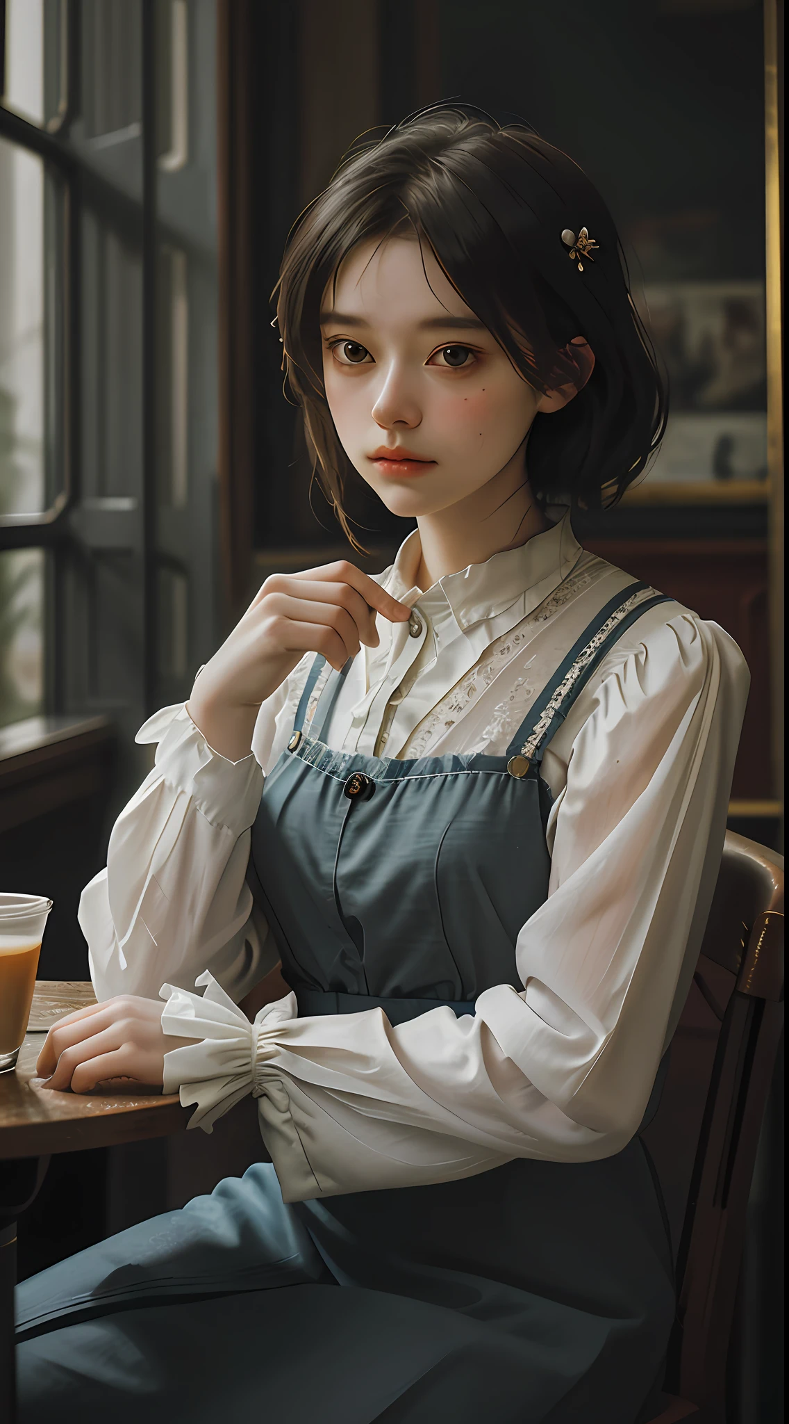 ((highest quality)), ((masterpiece)), (detail), melancholy portrait of a messy young woman, (asymmetry: 1.2), in a café in a dim and antique atmosphere, the subject exudes a feeling of frustration and exhaustion, and her (tattered: 1.2) clothes and (awkward: 1.2) appearance emphasize her sense of hopelessness. The photos are taken from a medium distance, and the lighting (modest: 1.3) creates a somber and introspective atmosphere. The art style is inspired by (Dutch Masters: 1.3) technique, careful attention (subtle contrast: 1.2), (delicate textures: 1.2) to convey the complex emotions of the subject. She holds a cup of coffee in one hand, adding a sense of vulnerability and vulnerability to the scene. Despite her disheveled appearance, her face is still (delicate beauty: 1.3), delicate facial features and a quiet sense of dignity, full-body photo, sitting on a chair,