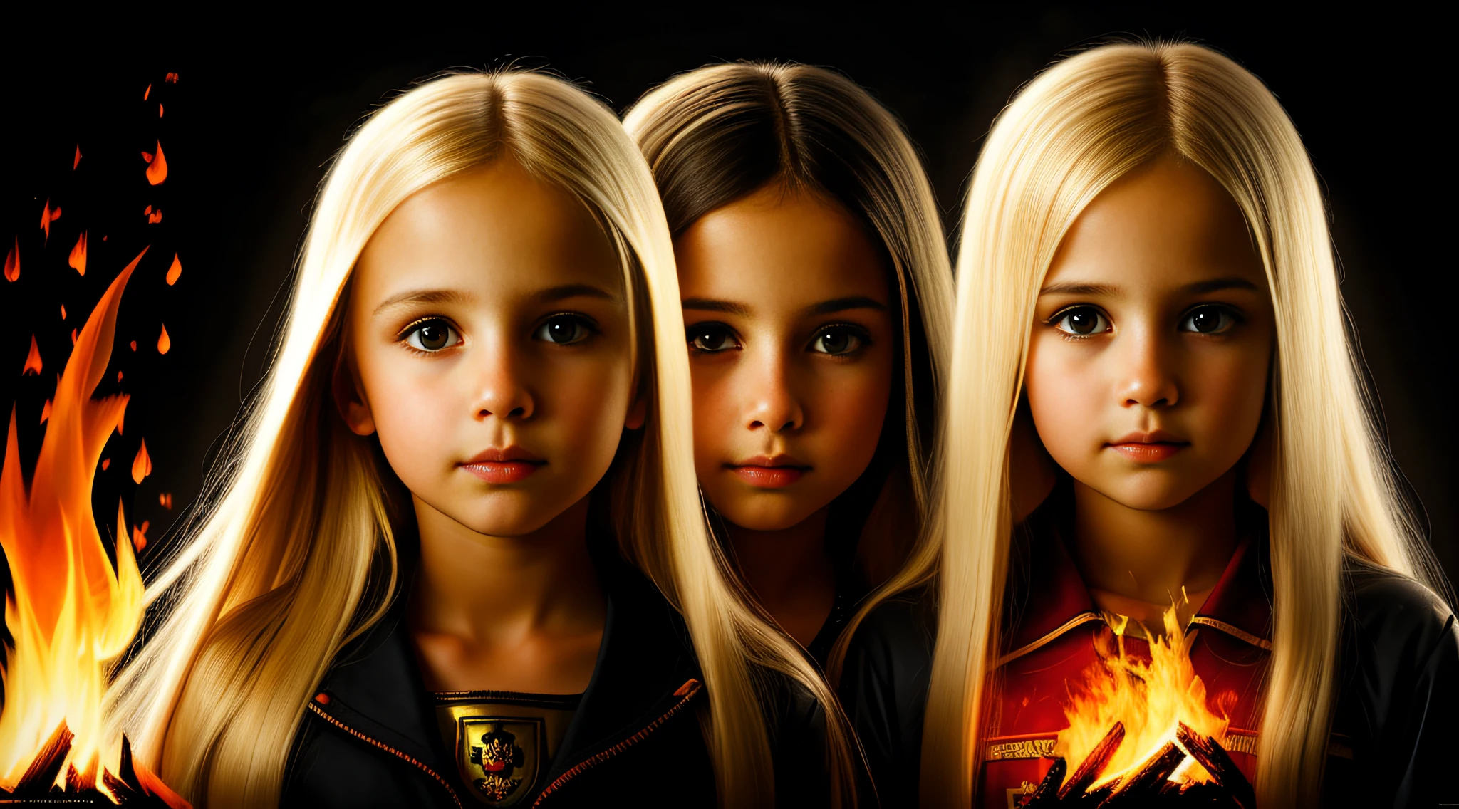 3 girls Russian children with 10 years old, WITH LONG STRAIGHT HAIR BLONDES, PORTRAIT STYLE, A CLOSEUP OF A FIRE WITH A BLACK BACKGROUND, ABDUZEEDO, MIYAMOTO ABDUZEEDO, AMAZING FIRE ART, AZTODIO, ALBEDO, BY EDDIE MENDOZA, MUSIC ALBUM COVER, BY LUJO BEZEREDI, WIELDING FIRE, BY ALEKSANDER KOBZDEJ, HD WALLPAPER, DESKTOP WALLPAPER, albedo texture