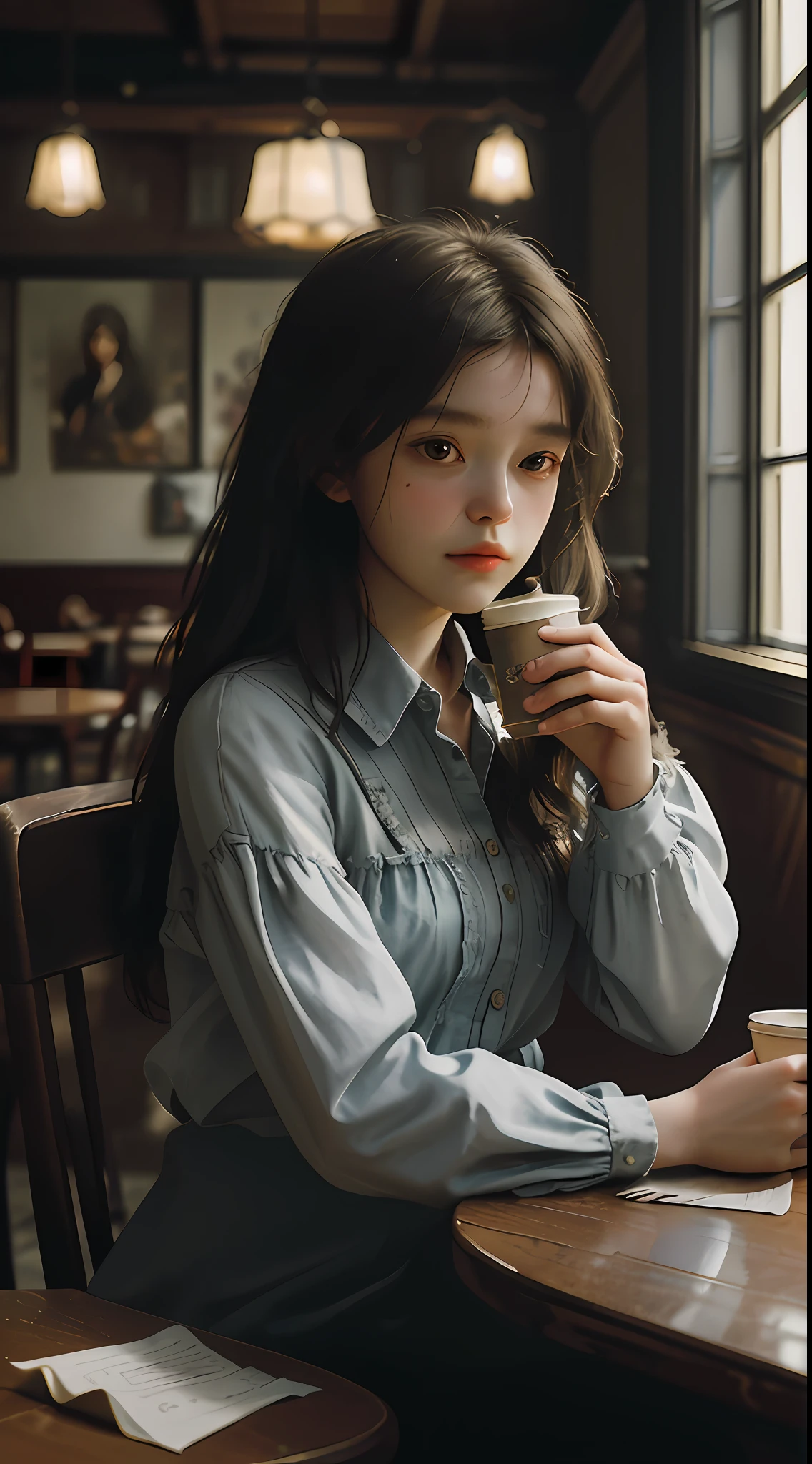 ((highest quality)), ((masterpiece)), (detail), melancholy portrait of a messy young woman, (asymmetry: 1.2), in a café in a dim and antique atmosphere, the subject exudes a feeling of frustration and exhaustion, and her (tattered: 1.2) clothes and (awkward: 1.2) appearance emphasize her sense of hopelessness. The photos are taken from a medium distance, and the lighting (modest: 1.3) creates a somber and introspective atmosphere. The art style is inspired by (Dutch Masters: 1.3) technique, careful attention (subtle contrast: 1.2), (delicate textures: 1.2) to convey the complex emotions of the subject. She holds a cup of coffee in one hand, adding a sense of vulnerability and vulnerability to the scene. Despite her disheveled appearance, her face is still (delicate beauty: 1.3), delicate facial features and a quiet sense of dignity, full-body photo, sitting on a chair,