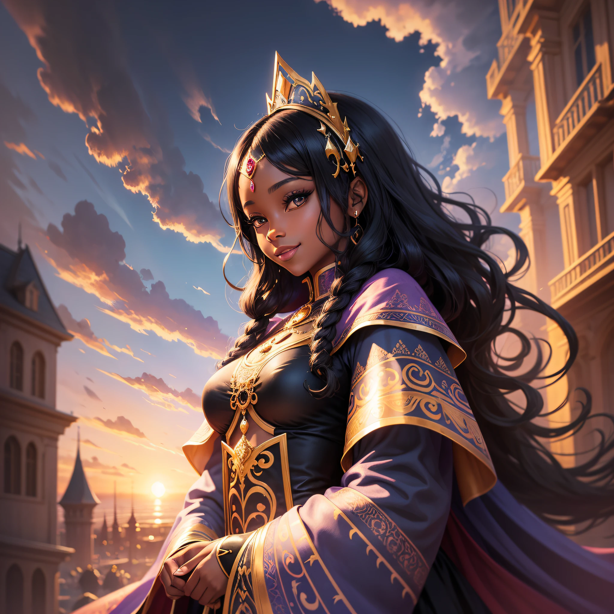 lllustration of black woman, princess, fantasy universe, body covered by fabric clothing, light smile, background with sky and clouds and sunset