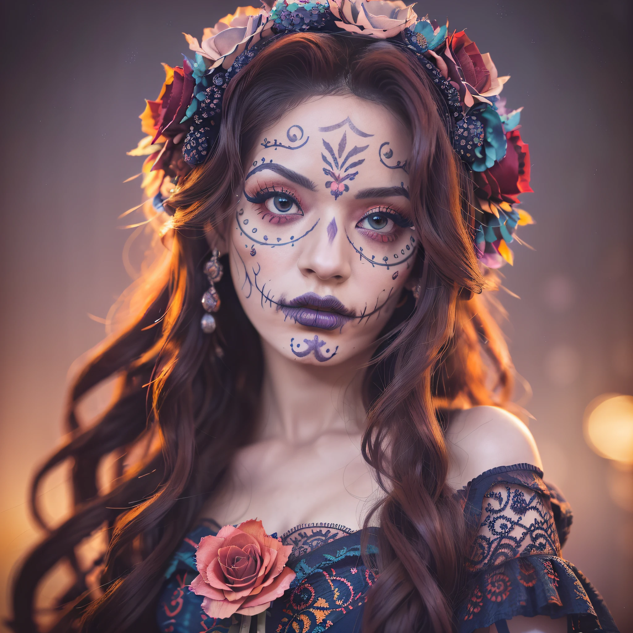 (dark photo:1.4), 80mm, a beautiful woman with long curly hair with (colorful makeup Dia de Muertos:1.3): posing at a party, crown of roses (on head:1.2), intricate detailed long (red dress:1.3) with black lace details, 4k, 8k, (intricate details:1.12), hdr, (intricate details, hyperdetailed:1.15), (natural skin texture, hyperrealism, soft light,  sharp:1.2), soft light, sharp, exposure mix, medium shot, bokeh, (HDR:1.4), high contrast, (cinematic, navy blue and orange:0.85), (soft colors, faint colors, soft tones:1.3), low saturation, (hyperdetailed:1.2), (noir:0.4) sensual look --auto --s2