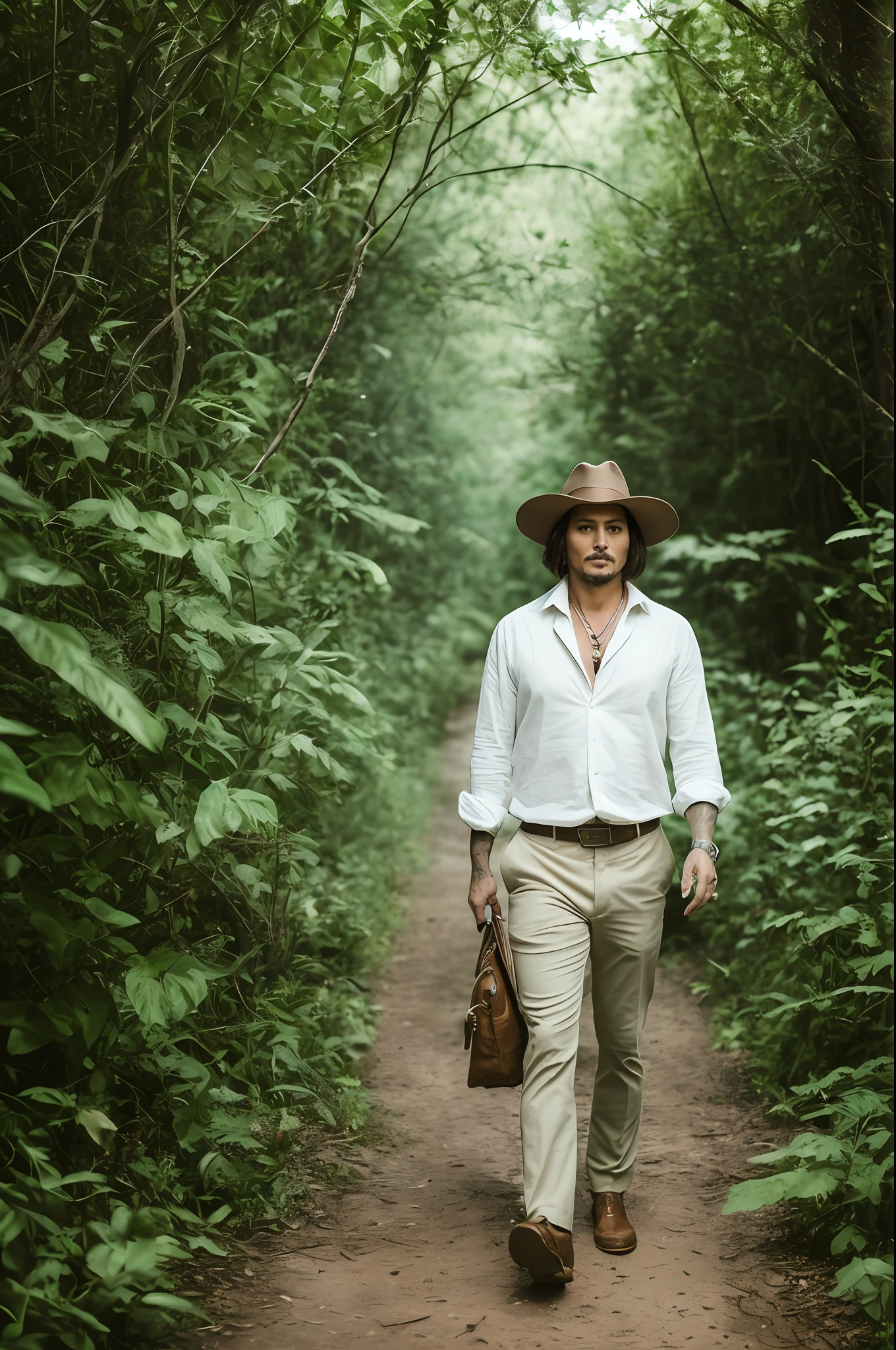 masterpiece, johnny depp walking through jungle at night among fireflies, (high detail:1 1), rough face, natural skin, high quality, nsfw, beautiful eyes, (detailed face and eyes), (face: 1 2), noise, extra, real photo, PSD, lamp film photography, sharp focus, contrast lighting, detailed skin, high resolution 8k, crazy detail, realistic, professional photography, 8k UHD, SLR camera, soft lighting, high quality, film grain, Fujifilm XT3
