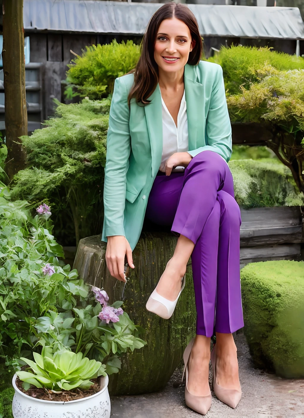 Lora, realistic human woman beautiful white simple businesswoman of 26 years with brown hair, who conveys confidence, credibility, strength, power, charisma. Wearing elegant clothing in tailoring in shades of lilac, light green shirt pastel tone, lilac blazer, pants in light green pastel tone. Serious scenery in shades of black with casual touches, a plant pot behind, a shelf with books.