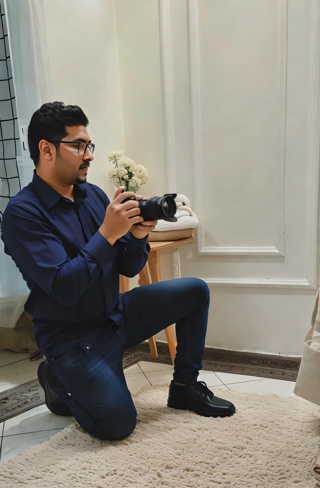 there is a man sitting on the floor taking a picture of a baby, home photography portrait, professional photoshoot, behind the scenes photography, professional picture, profesional photo, with back to the camera, photoshoot, photo shoot, mohamed chahin style, back to the camera, profesional photography, professional foto, posing elegantly over the camera, professional shoot, back to camera