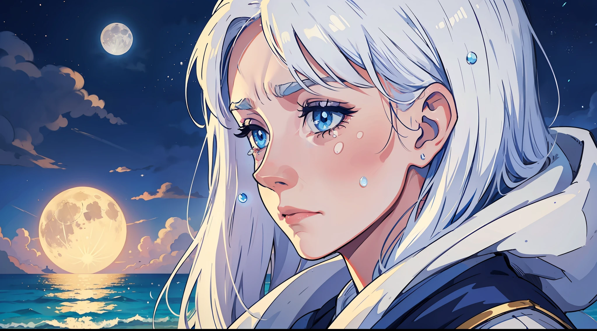 A woman with white hair and blue eyes with a sad look, tears in her eyes and sadness, a profile image focused on the woman's face and her sadness, in the background the sight of the beach at night, medieval clothes and the full moon