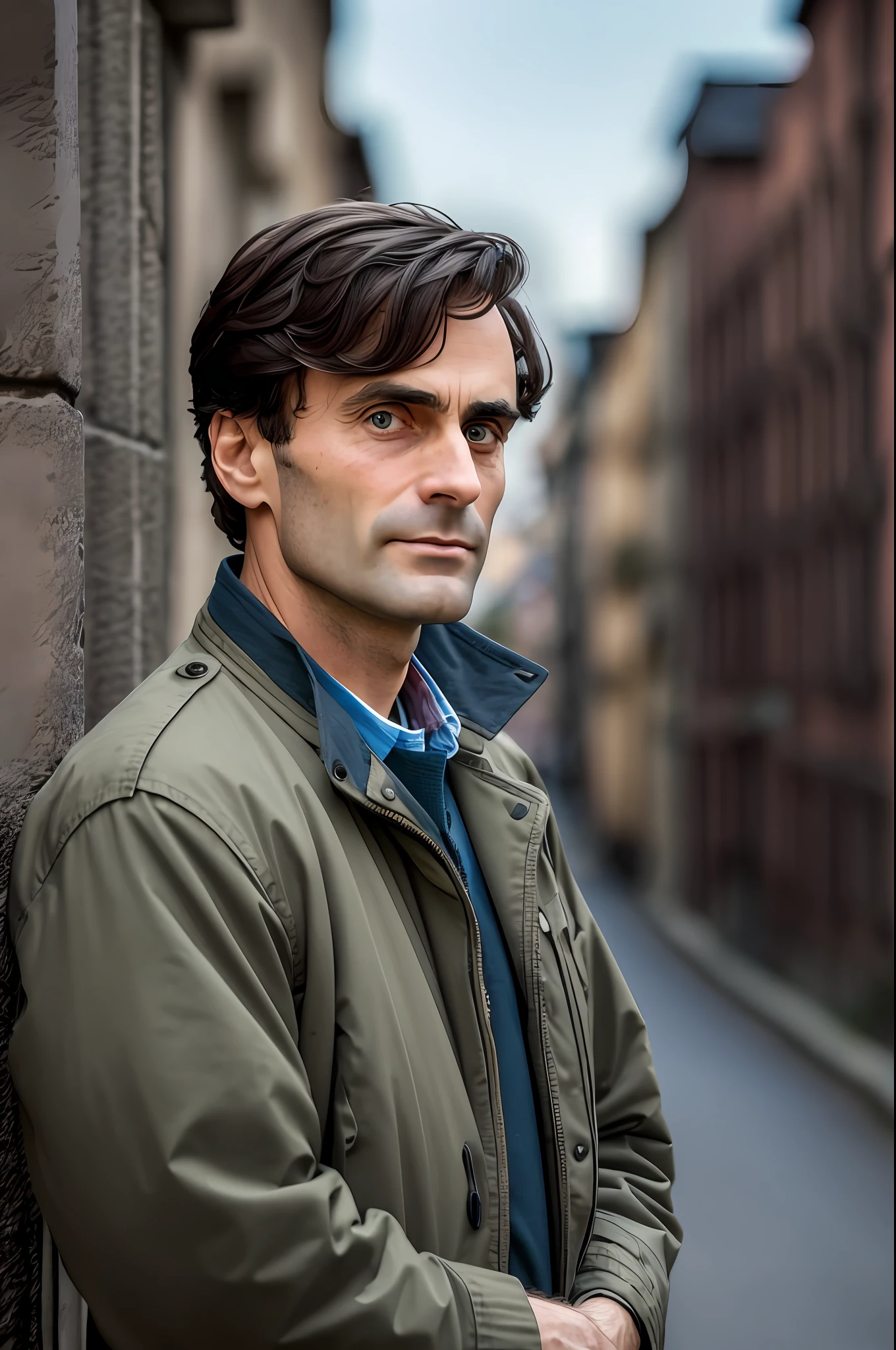 outdoors, with an old city in the background, day, a RAW photo a thin man, short black hair, looking at the camera with a piercing gaze forward, tall, in an old jacket, with his hands in his pocket, full face, no beard, centered, 30 years old, (Ted Bundy: 0.7), soft colors hyperdetailed skin, (moles: 1.12), photojournalism in low light --auto --s2