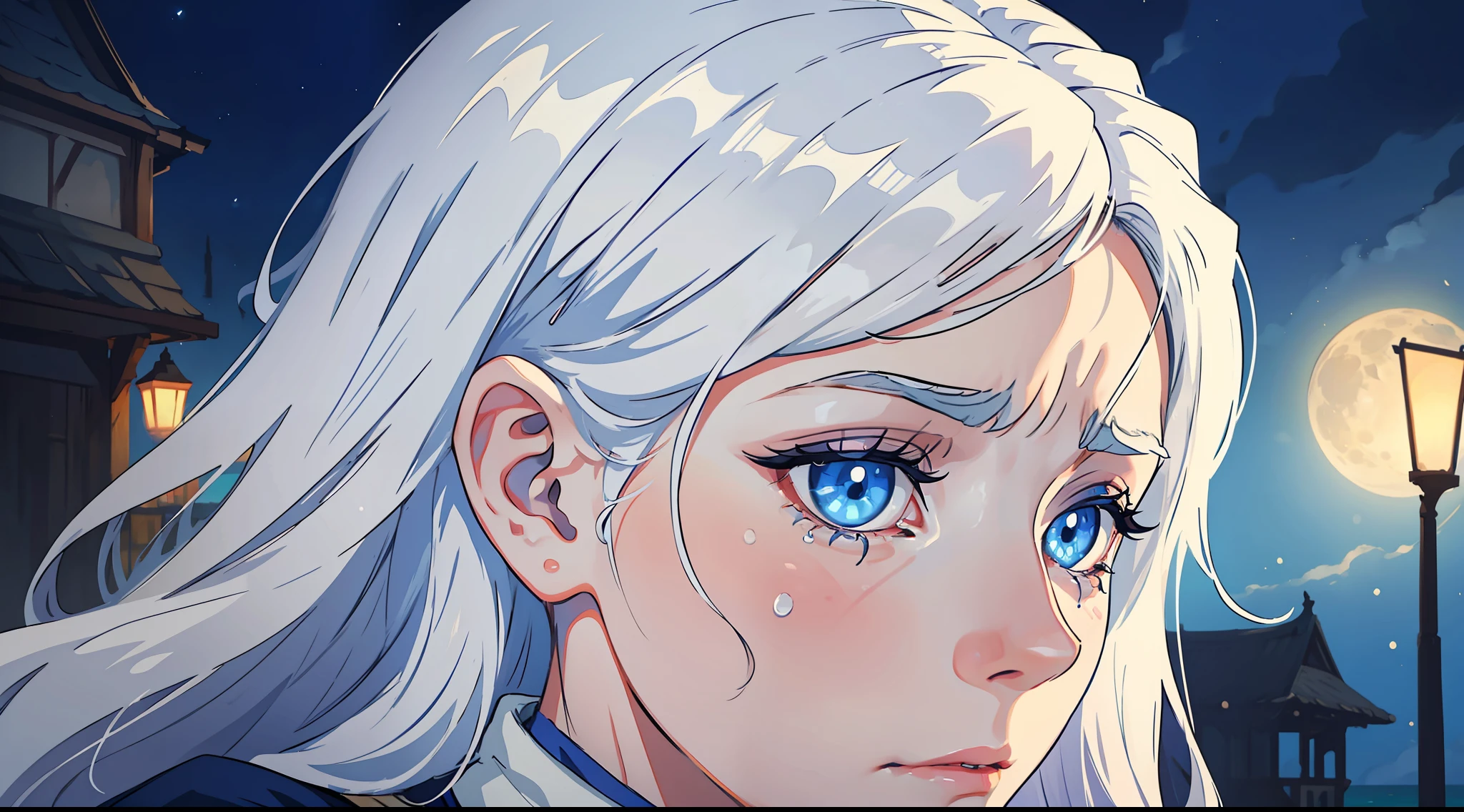 A woman with white hair and blue eyes with a sad look, tears in her eyes and sadness, a profile image focused on the woman's face and her sadness, in the background the sight of the beach at night, medieval clothes and the full moon