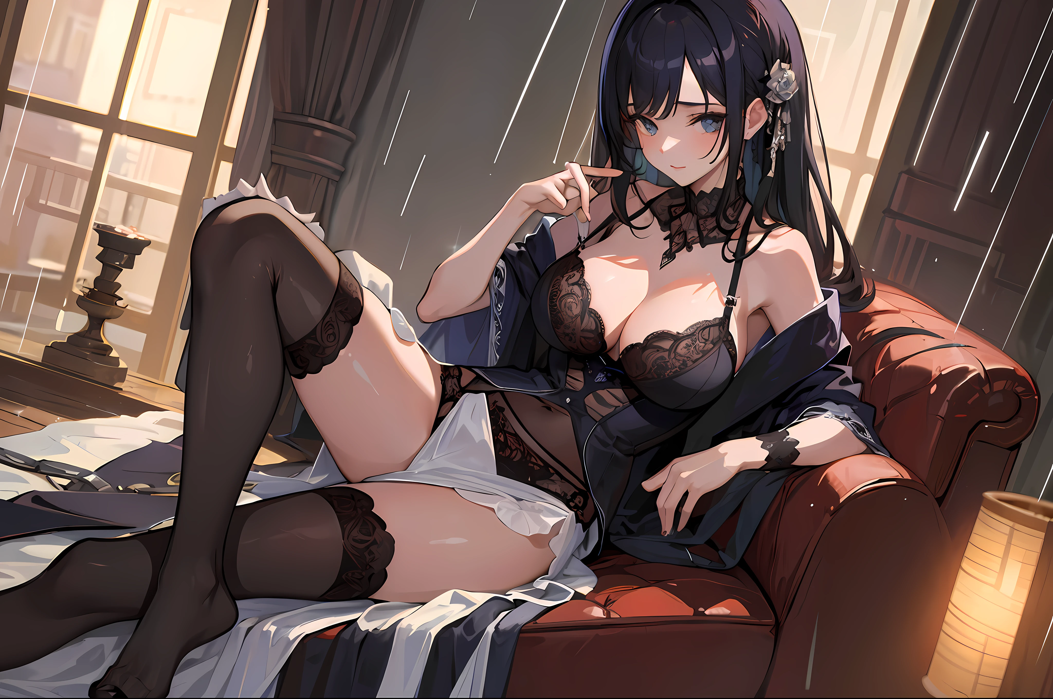 (((masterpiece))), ((best quality)), detailed, solo, 1girl,lingerie, stockings, seductive pose,(rain),breast curtains,
