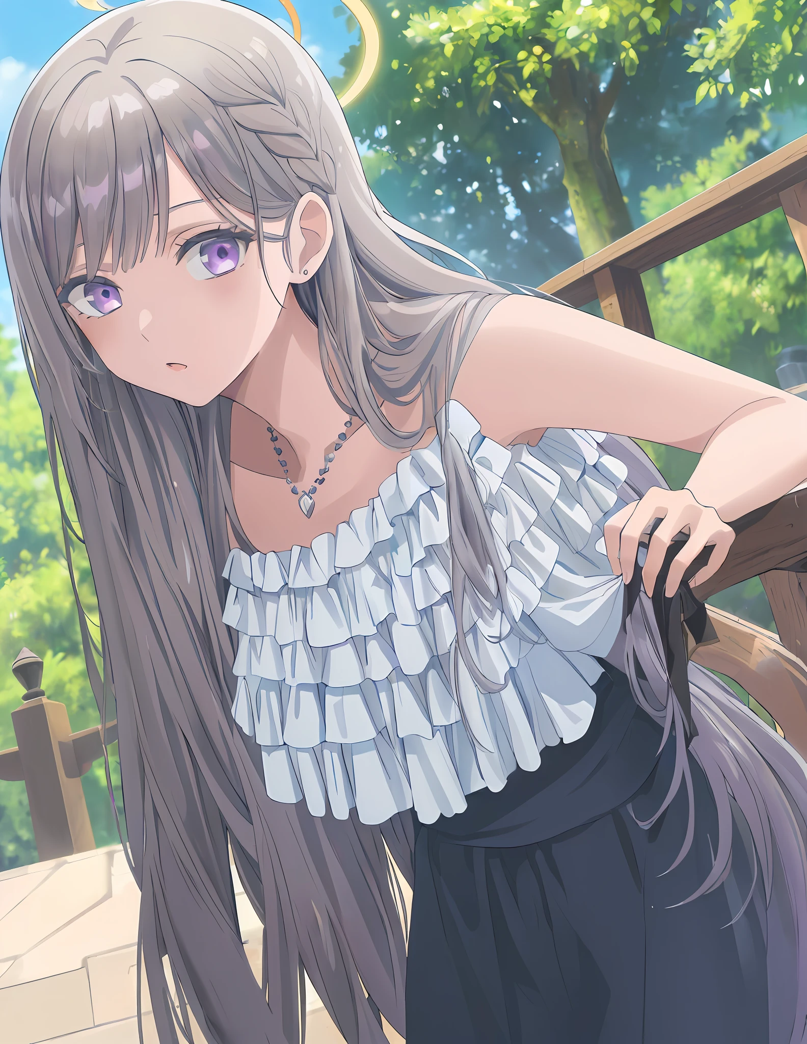 (masterpiece:1.3), (absurdres:1.3), (best quality:1.3), (ultra-detailed:1.3),(best shadow:0.7), (handled hair), perfect anatomy, 1girl, solo, noa, noa-outfit, halo, grey hair, purple eyes, blunt bangs, very long hair, sleeveless, bondage_outfit, dominatrix,