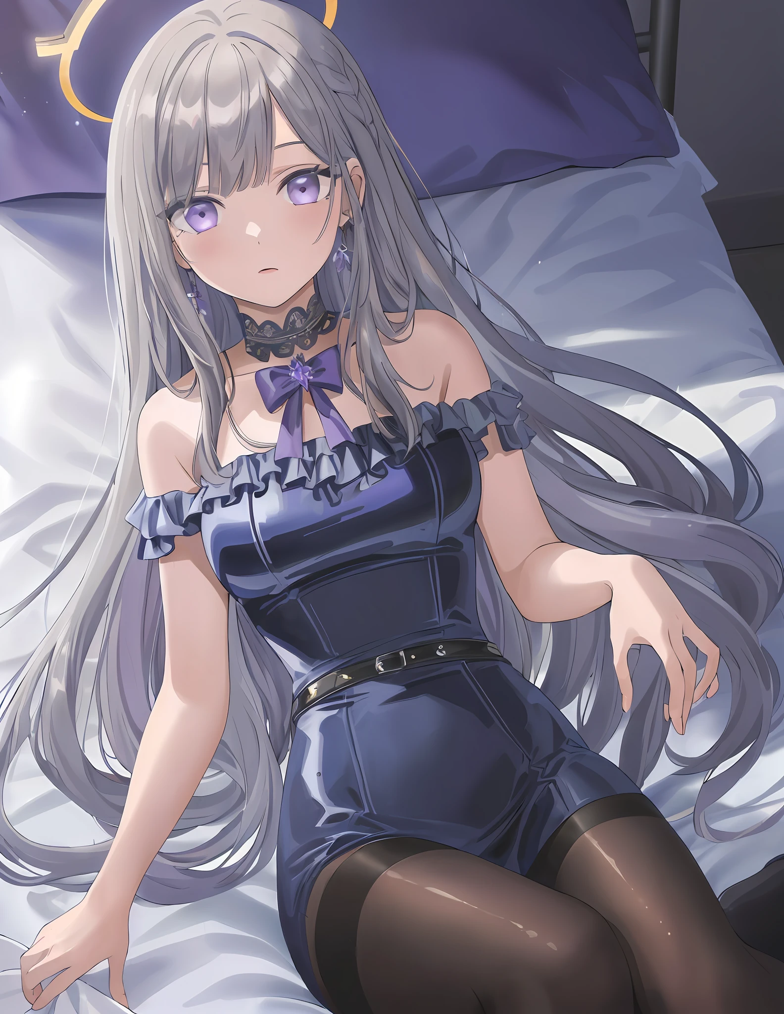 (masterpiece:1.3), (absurdres:1.3), (best quality:1.3), (ultra-detailed:1.3),(best shadow:0.7), (handled hair), perfect anatomy, 1girl, solo, noa, noa-outfit, halo, grey hair, purple eyes, blunt bangs, very long hair, sleeveless, bondage_outfit, dominatrix,