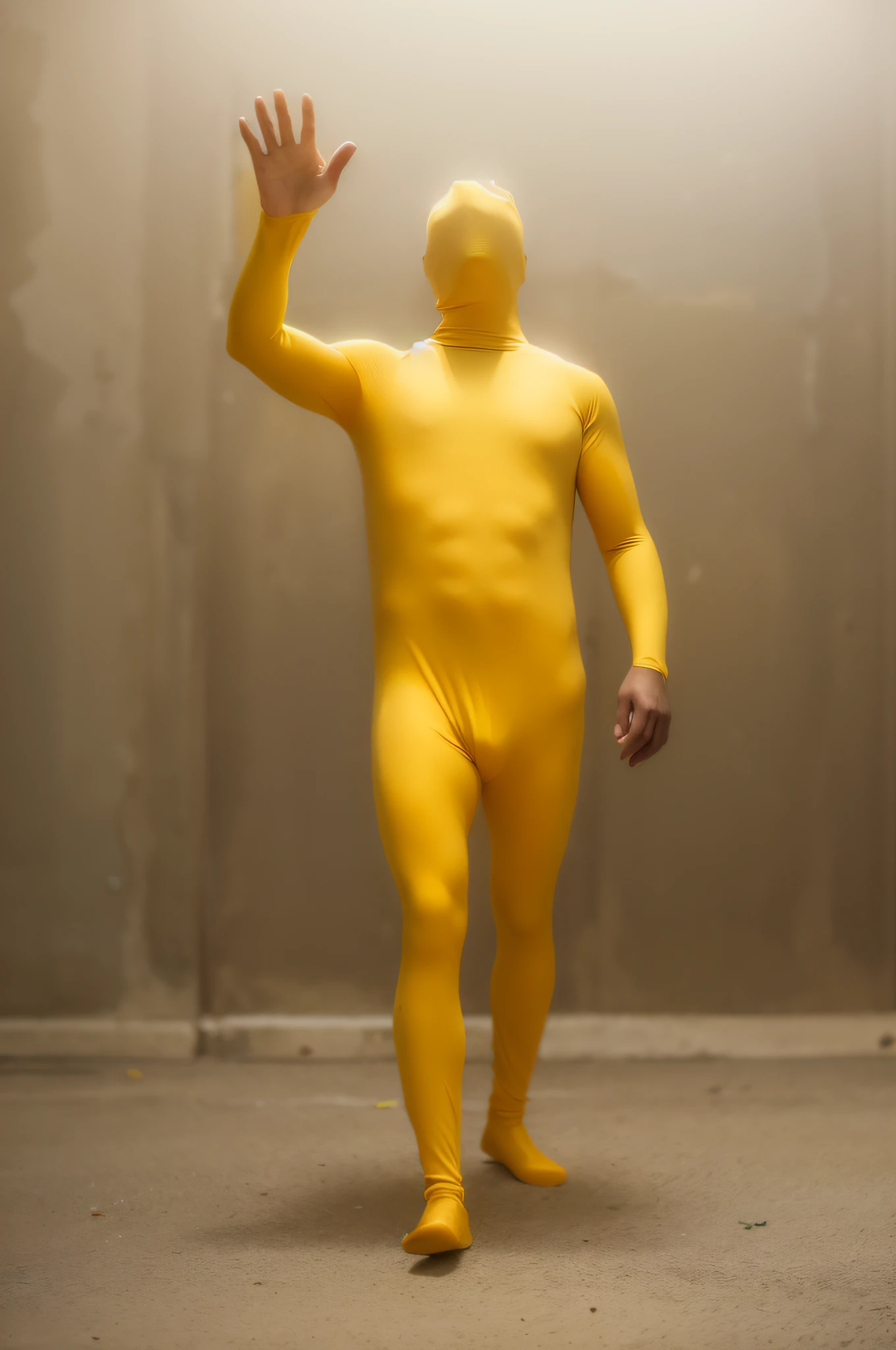 Allahed man in waving yellow bodysuit, yellow bodysuit, zentai suit, lycra costume, full bodysuit, tight full bodysuit, skin tight suit, yellow suit, full body devilman, spandex suit, all yellow, yellow jumpsuit, yellow skin, monochromatic yellow, wearing yellow