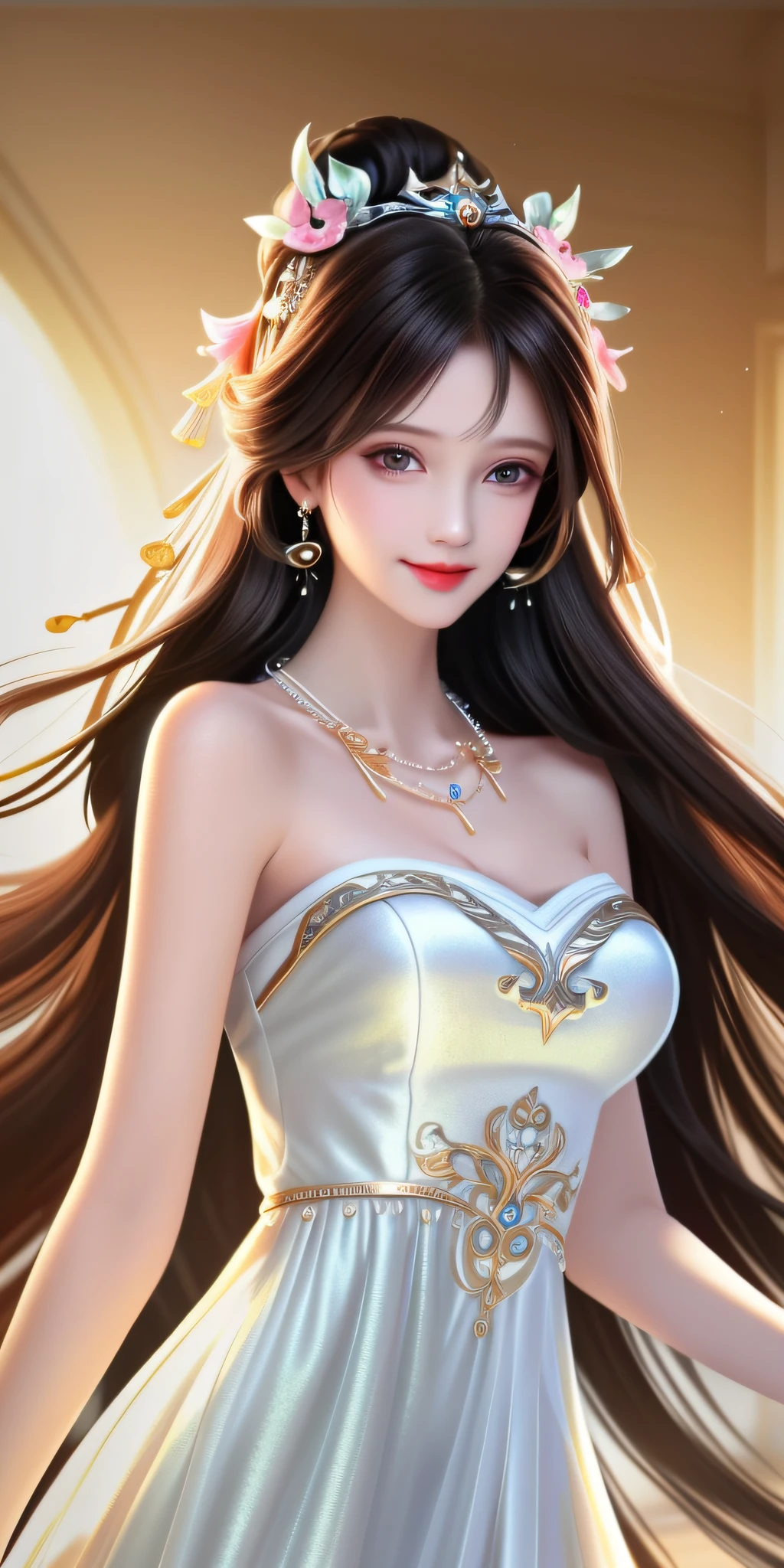 Best quality, masterpiece, high resolution, 1girl, clear silk porcelain dress, beautiful face, hair accessories, looking at the audience, smiling, close your mouth, lips, dress, hair accessories, necklaces, jewelry, long hair, earrings, beautiful face, on the body, Tindal effect, realism, dark studio, edge lighting, two-tone lighting, (high detail skin: 1.2), 8k UHD, DSLR, soft light, high quality, volumetric lighting, photo, high resolution 4K, 8k, blurred background