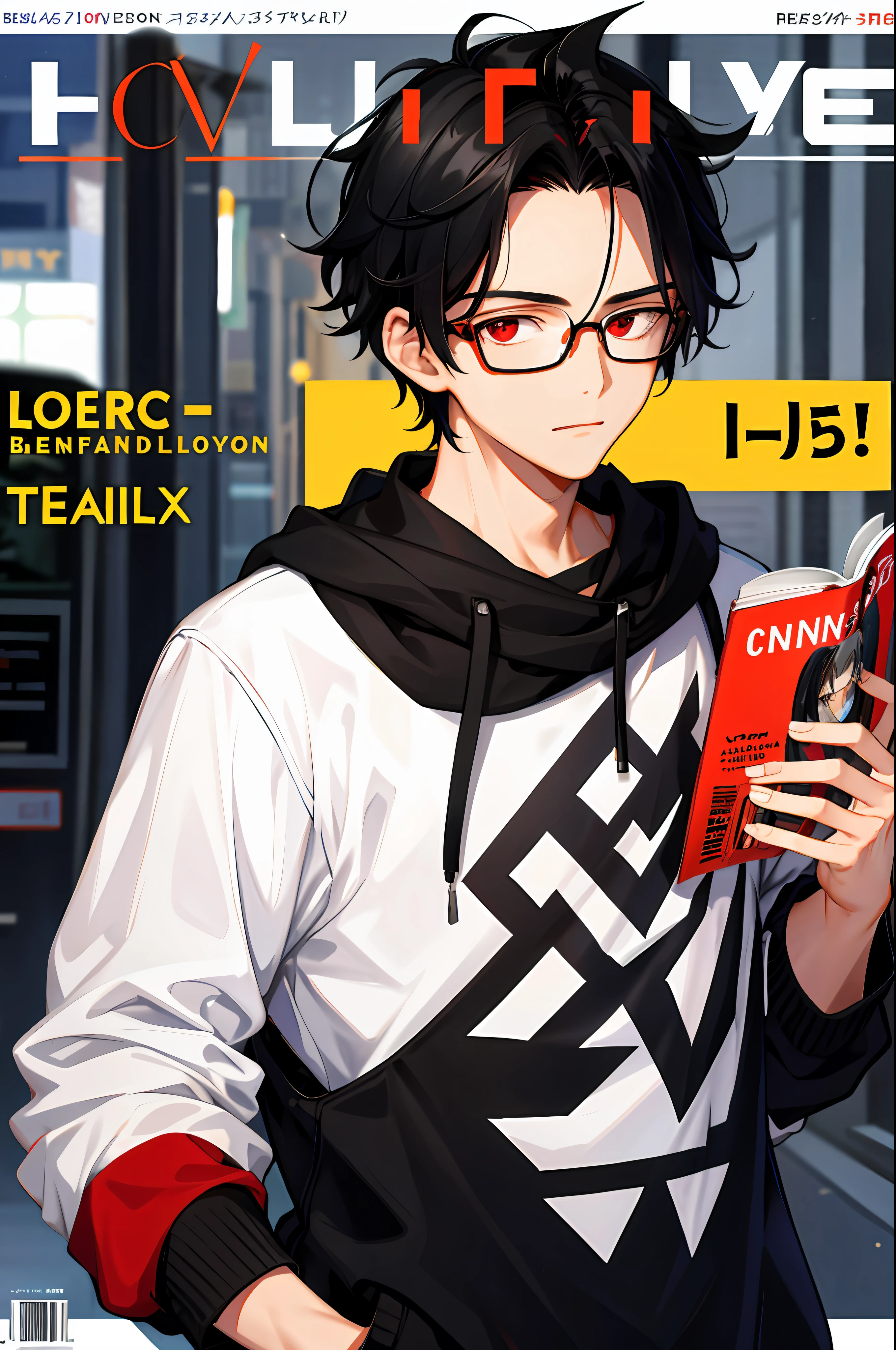 1 boy, beautiful boy, black hair, glasses, comma hair, forehead comma hair, street style, shiny, red eye, looking at the camera, upper body, magazine cover,