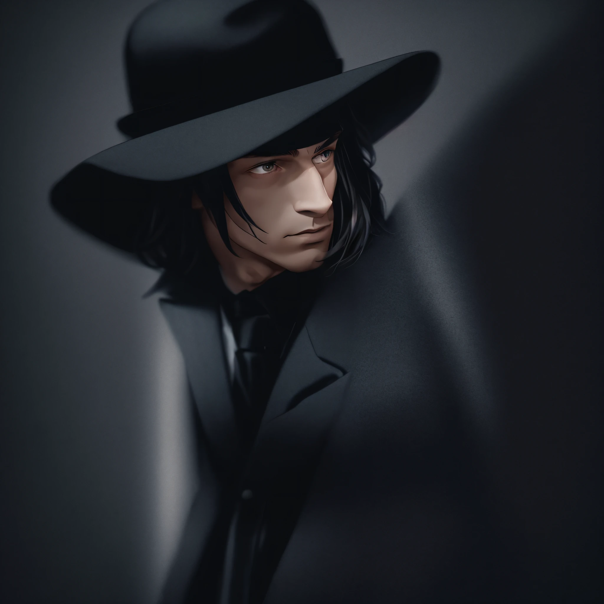 Man wearing a black suit and a black hat in a dark room --auto --s2
