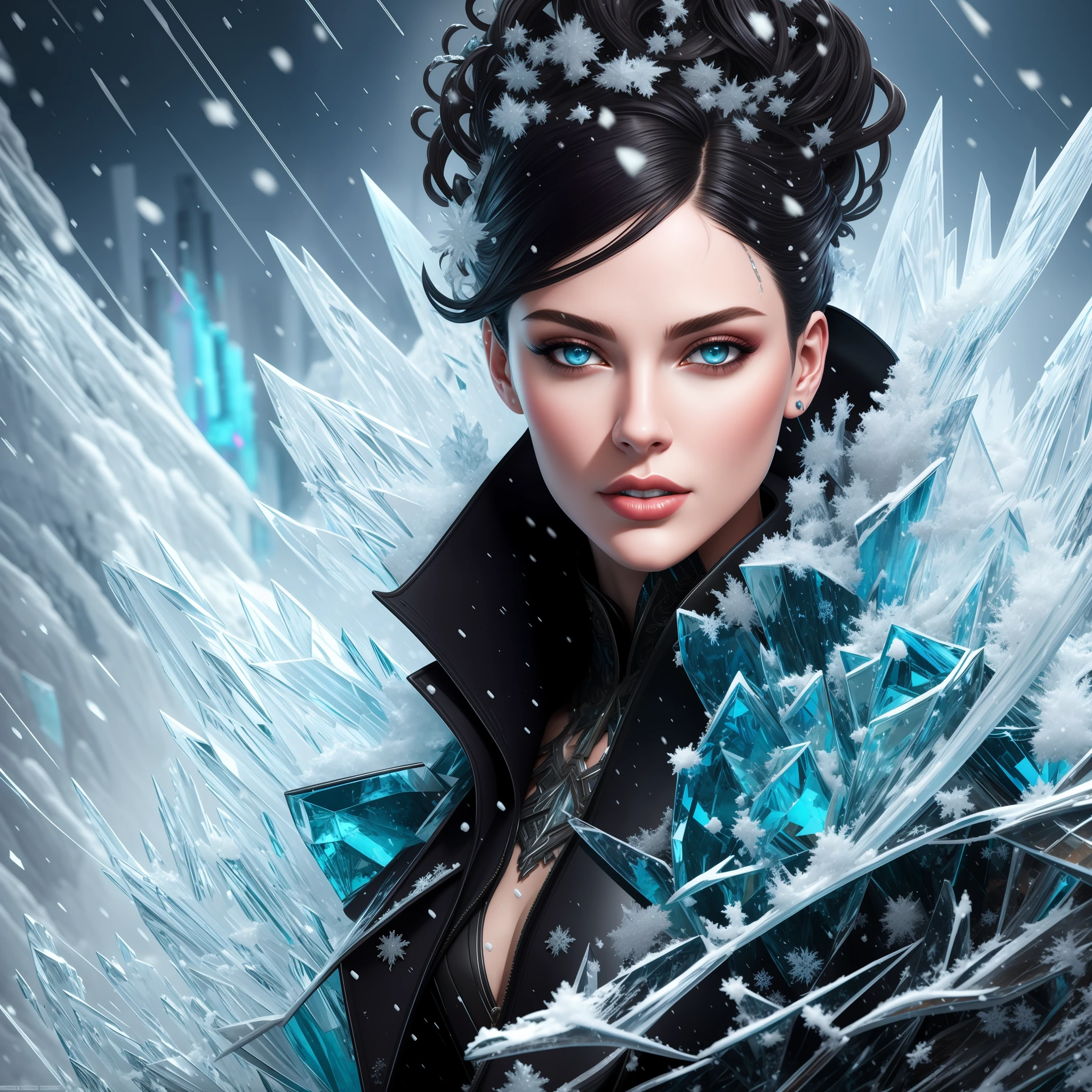 modelshoot style, (extremely detailed CG unit 8k wallpaper), chaotic ice storm intricate on the head, stylized beauty full-length abstract portrait, wet-skin, by Petros Afshar, Ross Tran, Tom Whalen, Peter Mohrbacher, Artgerm, Shattered Glass, ((Scenery of snow sweat cold)) octane radiant light render highly detailed