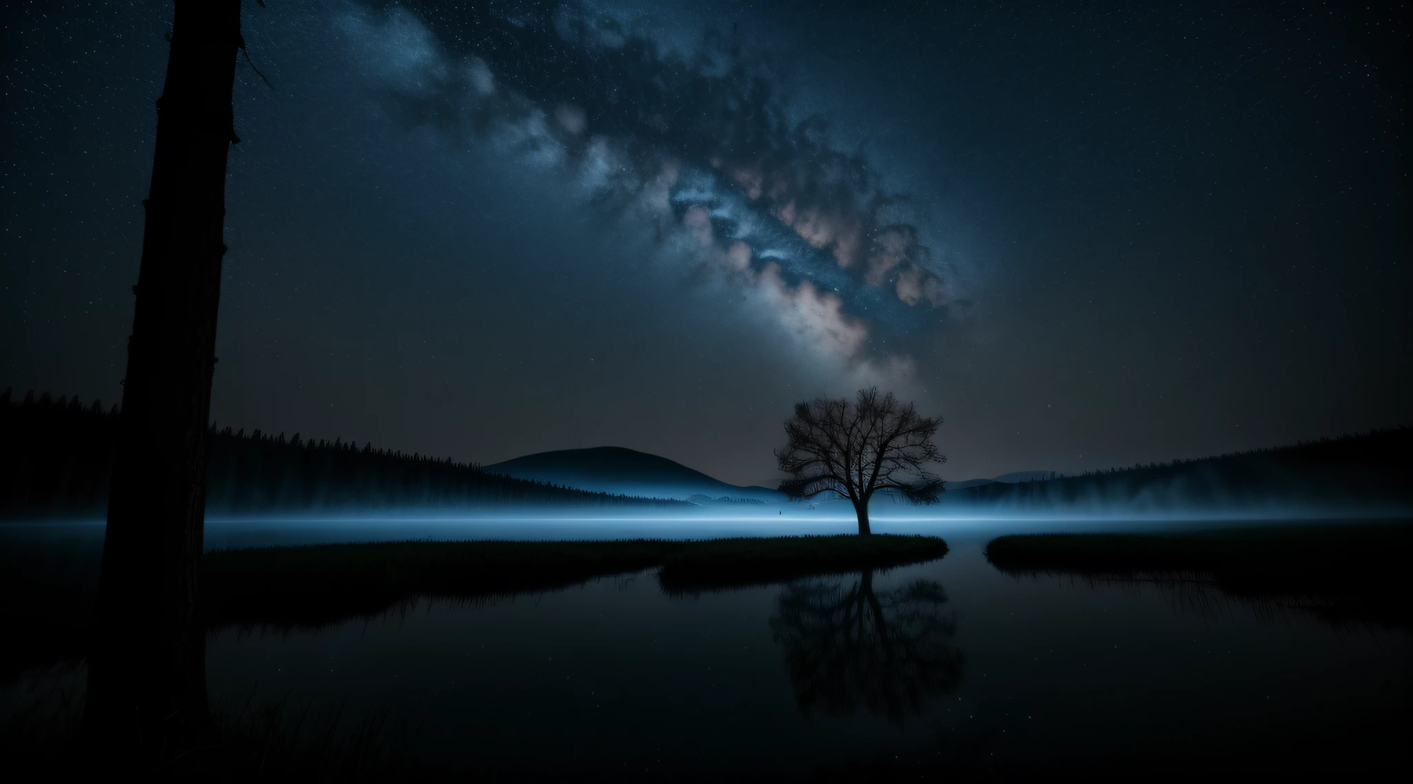 A professional film photograph of, professional photographic portrait of a tree, a beautiful blue night landscape of a forest close to a calm lake, epic movie poster, professional photo, professional digital art, trending in artstation, professional lighting, dramatic lighting,¿moon light, high resolution, 8K, ultra high definition, hdri, sharp focus photo, uHD, HDR, professionally graduated color, perfectly shaded, photo, high quality, highres, detail enhancement, 8K, High Resolution, Spotlight