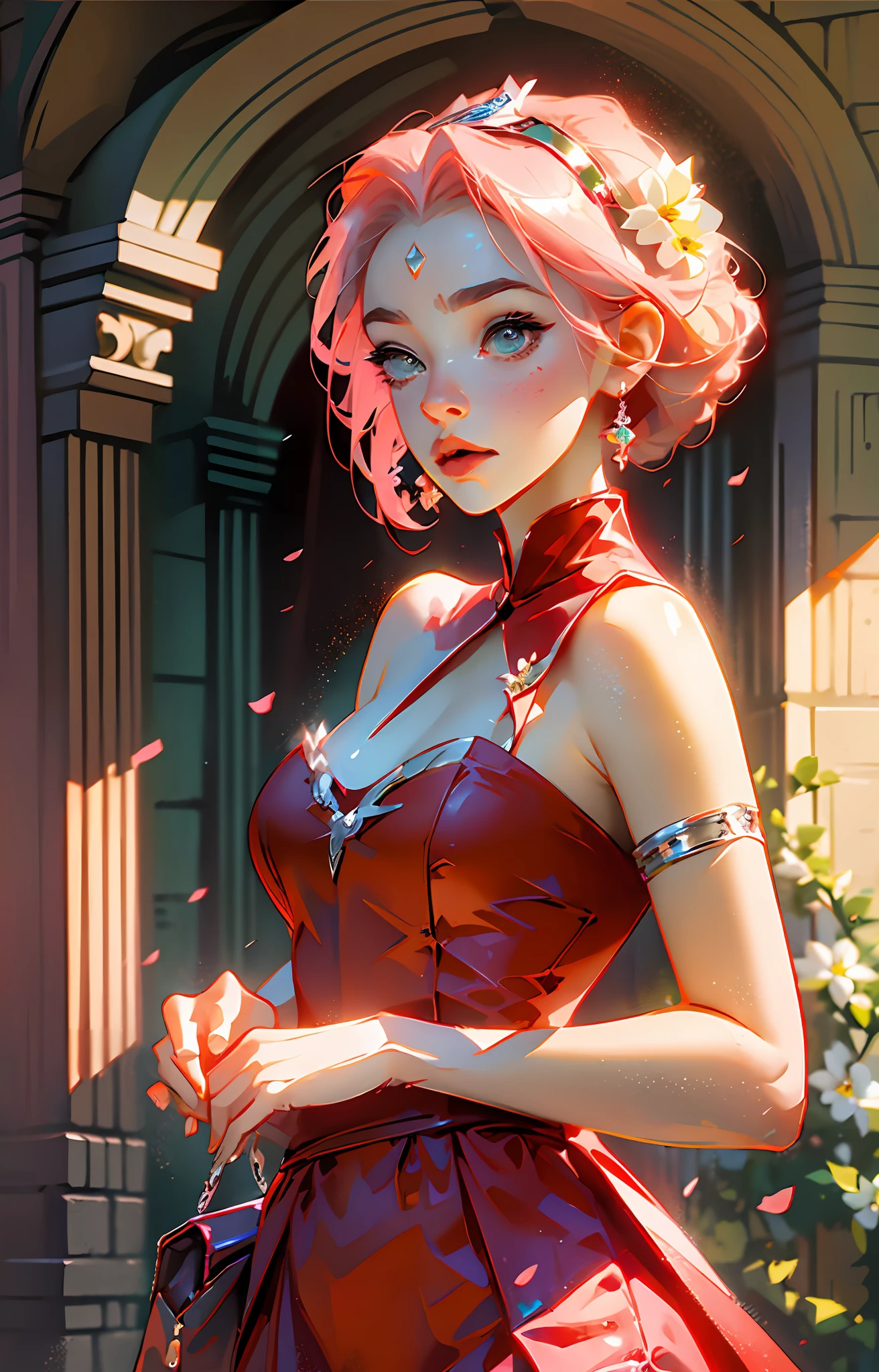 Sakura haruno, ((solo)), alone, princess, wearing a red princess dress, queen, happy, ((forehead to show)), standing, entering the church, pink hair, short hair, delicate, young, short hair, detailed face, high definition, ((full body)), (flowers around her), whole body, she is a beautiful woman, face with high quality, beautiful, radiant, high definition, delicacy, sakura haruno, sakura, gorgeous face, sharp features, anime, sakura haruno, anime, hd, red dress