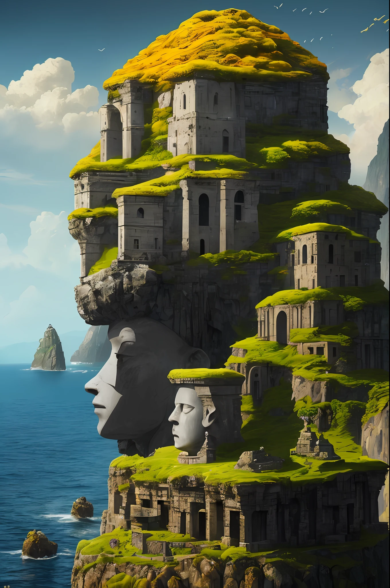 (masterpiece, best quality:1.2), super detail, cinematic lighting, HDR, illustration, Giant stone heads as habitat amid the sea, colorful, monks in procession, mystery, highly detailed, high contrast, golden ratio composition, epic view, masterpiece,