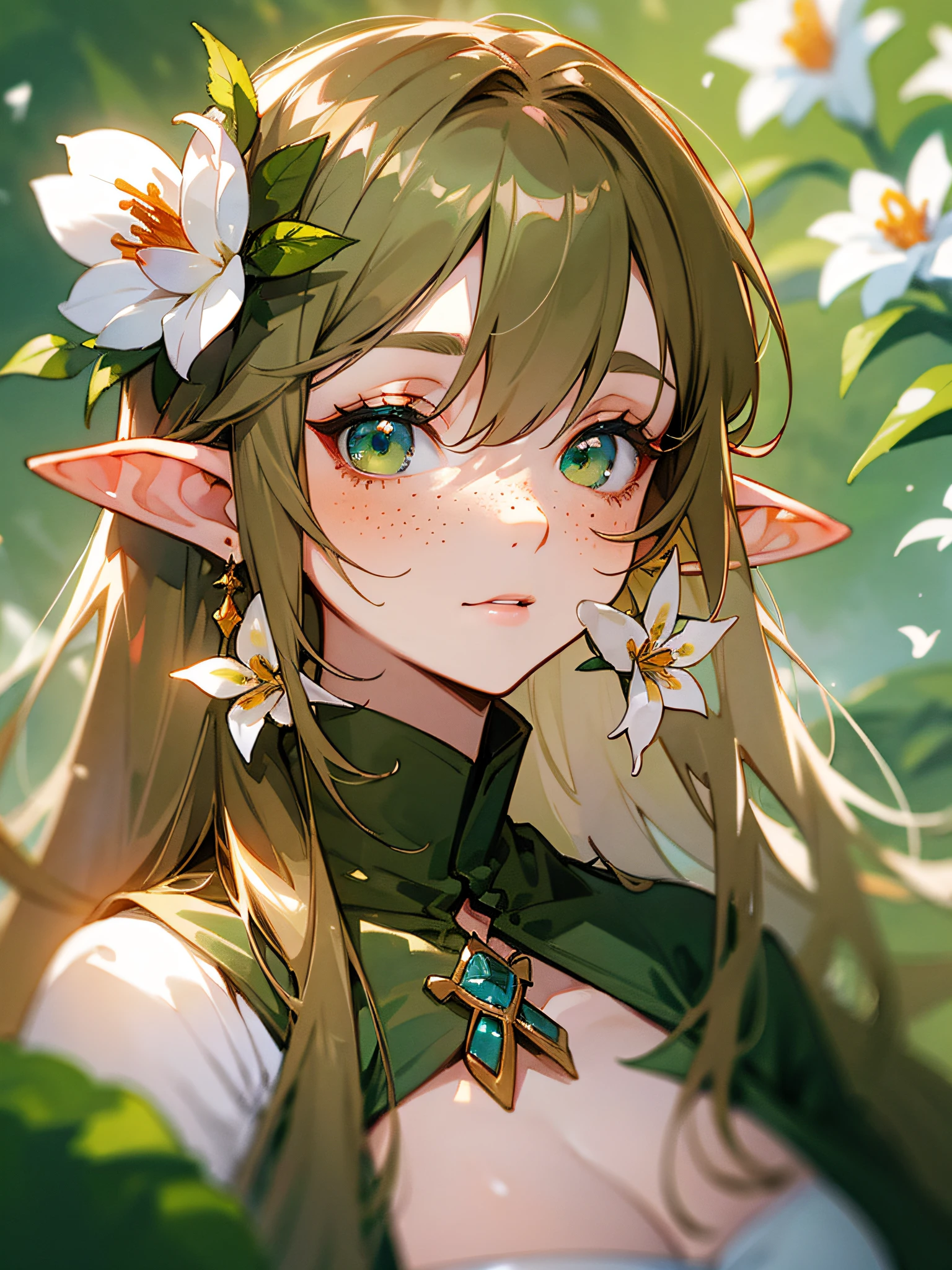 (watercolor: 1.2), elf princess, flower, freckles, bangs, redhead, long hair, green eyes, hair between eyes, flower earrings, blurred background, high resolution, beautiful breasts, medium chest --auto --s2