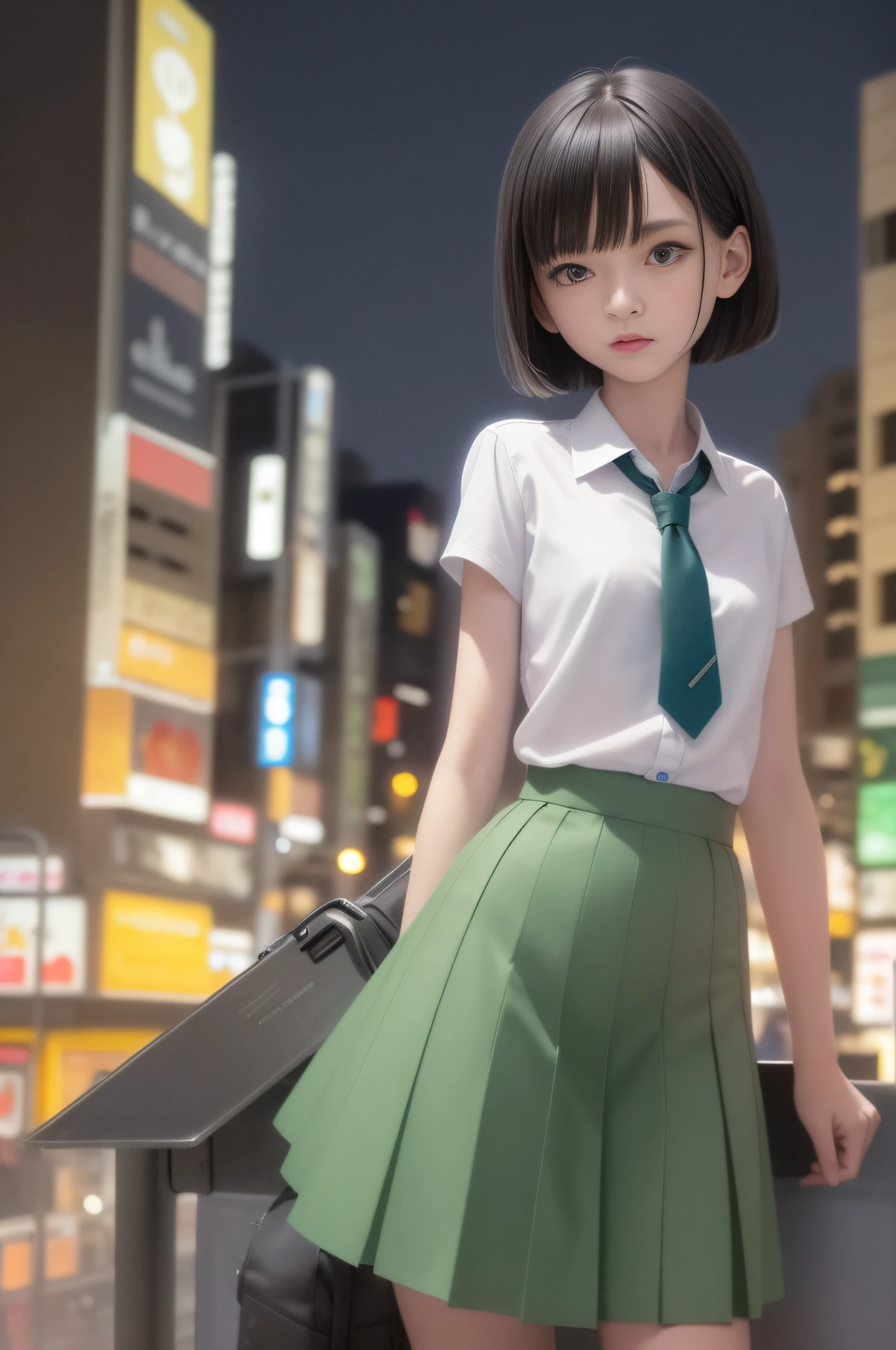 masterpiece, best image quality, black hair, blue eyes, looking up, upper body, thin transparent white shirt with collar, uniform, textured face, stiff stance, high school girl on the roof of a building, very detailed Japan city roof night view background, night view, standing with rooftop railing, overlooking the city, with PARCO sign of the next building in the background, shading, light awn, watercolor style, one high school girl surrounded by night view on the roof of the building, Pointed, ultra high definition face, detailed eyes, neat thin soft cloth green skirt, random hairstyle short hair, green ribbon tie, (8K, RAW, professional, best quality, masterpiece: 1.2), (realistic, photorealistic: 1.37), super detail, (portrait), (highest detail skin: 1.2), (best detail face) : 1.2), Cinematic Lighting