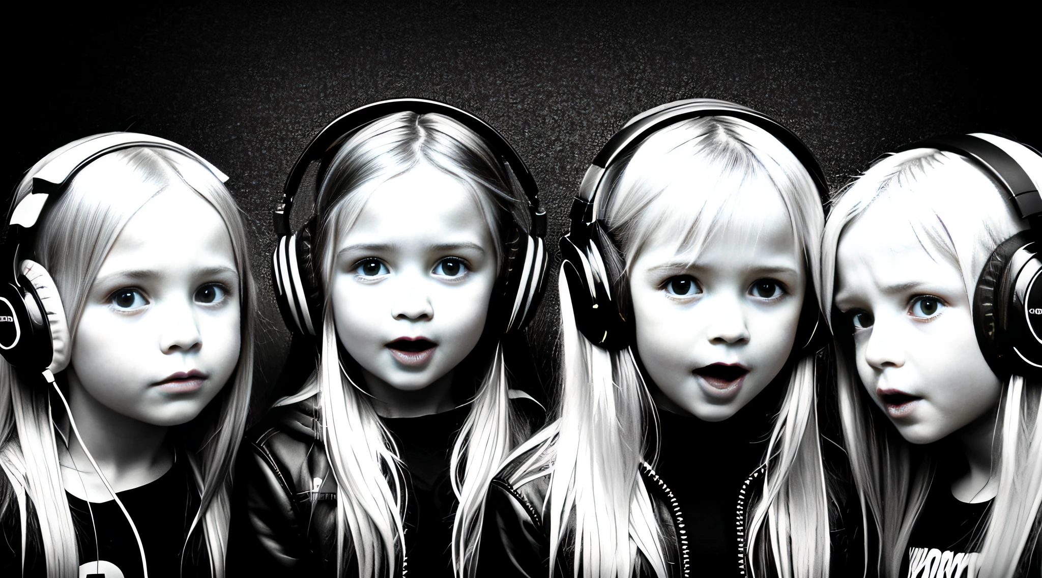3 girlsRussian children with s old, WITH LONG STRAIGHT HAIR BLONDES, PORTRAIT STYLE, WITH HEADPHONES ON THE FACE WITH A BIG OPEN MOUTH, DJ RAVE HEADPHONES, HORROR PHOTOGRAPHY, GIANT HEADPHONES ROCKING, LISTENING TO MUSIC AT 2 AM, THREATENING!, he has headphones, with headphones, threatening!!!, headphones on, mysterious music, profile picture 1024px, with headphones, threatening, horror personal computer