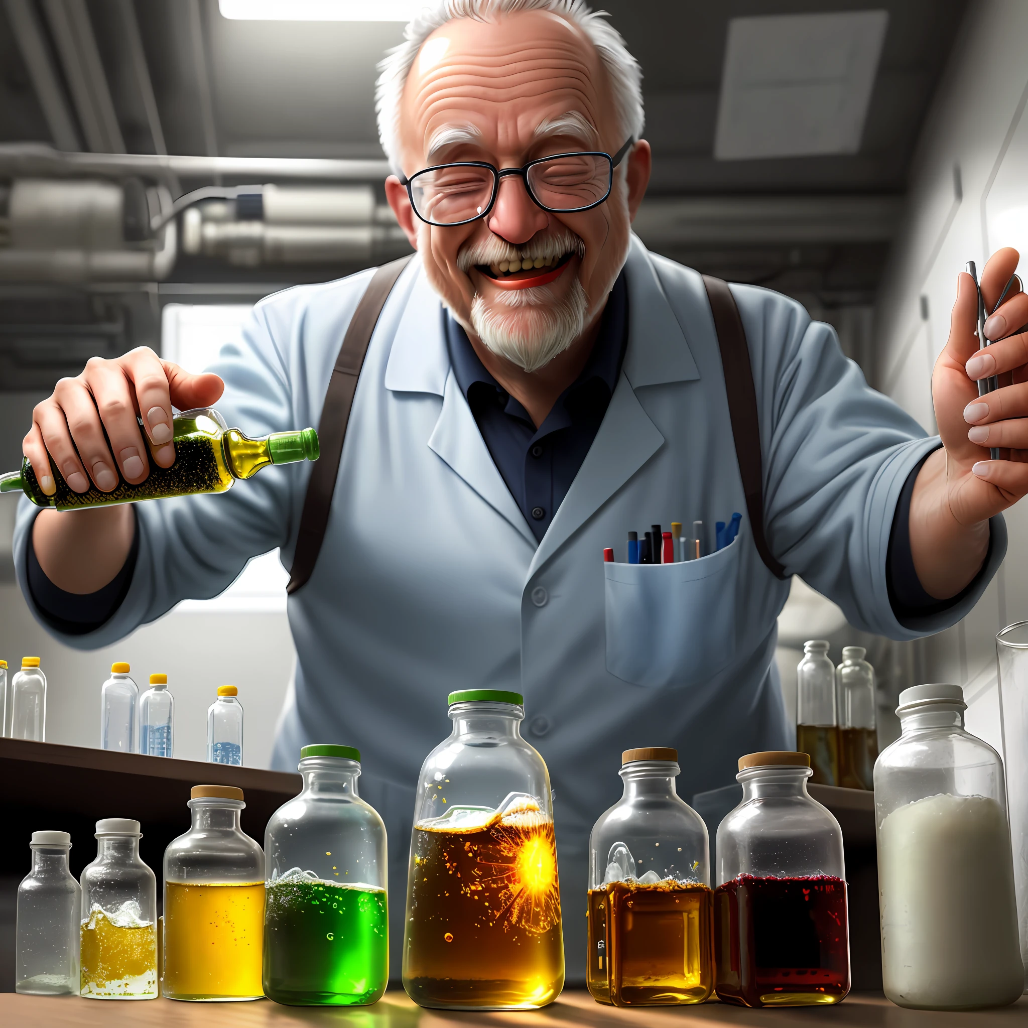 ultrarealistic RAW photography of scientist serious middle age man  in bigger chemical laboratory, some flacons and small bottles with motor oil examined on the table, ultradetailed, sunny day atmosphere looking crazy and laughing about the experiment