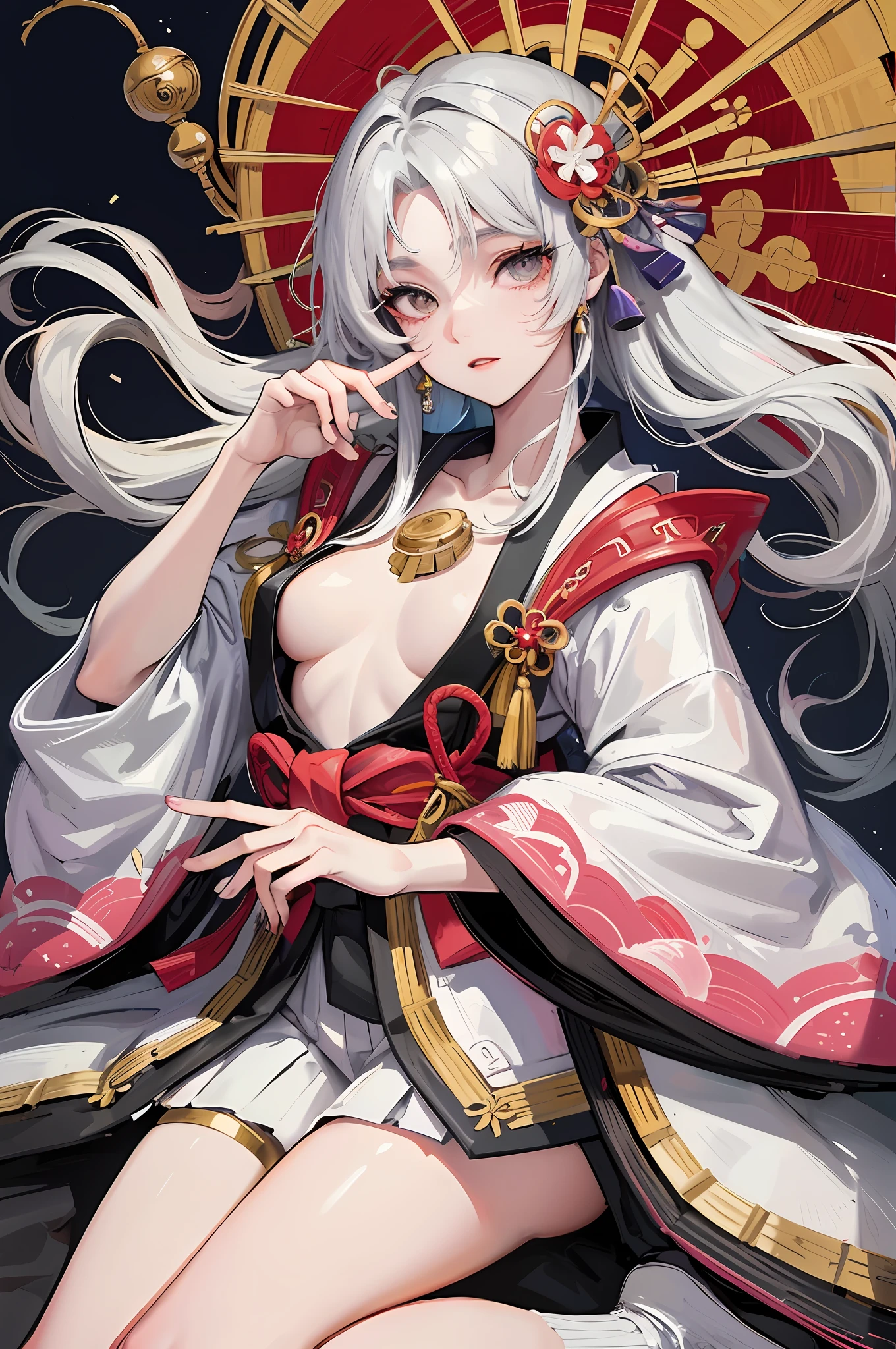 Tsukiyomi-dōjin, Tsukiyomi-zun, the incarnation of the moon, the supreme god of Japan, the deification of the ancient Japanese god and the moon. The ancestor of the Japanese emperor, the Japanese Shinto god, sister of Amaterasu, the background is a Japanese shrine, ((small breasts)), (wife), indifferent, extremely majestic, daunting, irritable, dark eyes, Japanese makeup, kneeling on the ground, shaping the cold atmosphere, moonlight covering the earth, fair skin, short silver-white hair, moon tattoo on the forehead, sister, (silver-white feather, wide sleeves), clogs, white socks, perfect legs, simple belt, (lots of luxurious moon jewelry), ( Perfect flesh full of texture) , searing rendering effect, jaw-dropping, captivating visual enjoyment, ((best quality)), ((masterpiece)), maximum definition, 8K wallpaper, official art, multi-layered texture , super detailed, illustration, (super detailed face), (perfect face), clear texture, fine texture, ultra-high-definition detail display, excellent image performance, high-quality illustration, perfectly fit and harmonious tone, deep lines, precise brush strokes, with a strong sense of three-dimensionality and delicate wearing, Wonderful color scheme, intricate details