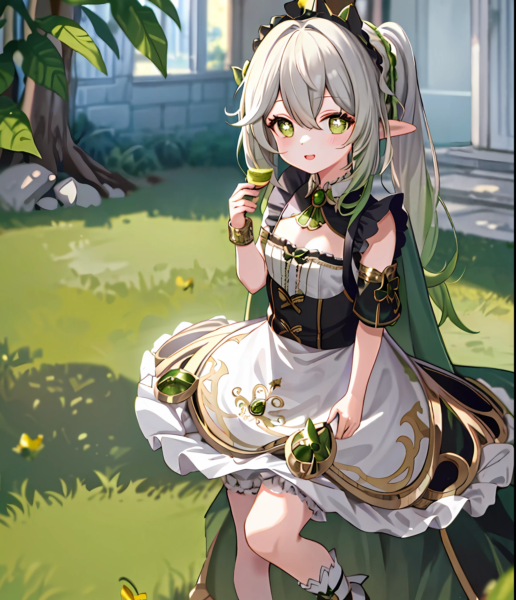 masterpiece, best quality, 1girl, solo, nahida_genshin, cross-shaped pupils, maid outfit, green cape, standing, maid dress, maid,