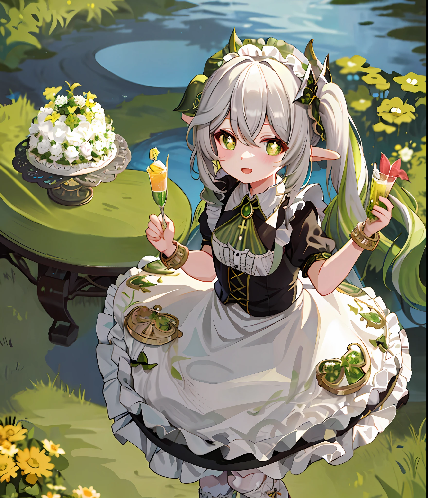 masterpiece, best quality, 1girl, solo, nahida_genshin, cross-shaped pupils, maid outfit, green cape, standing, maid dress, maid,