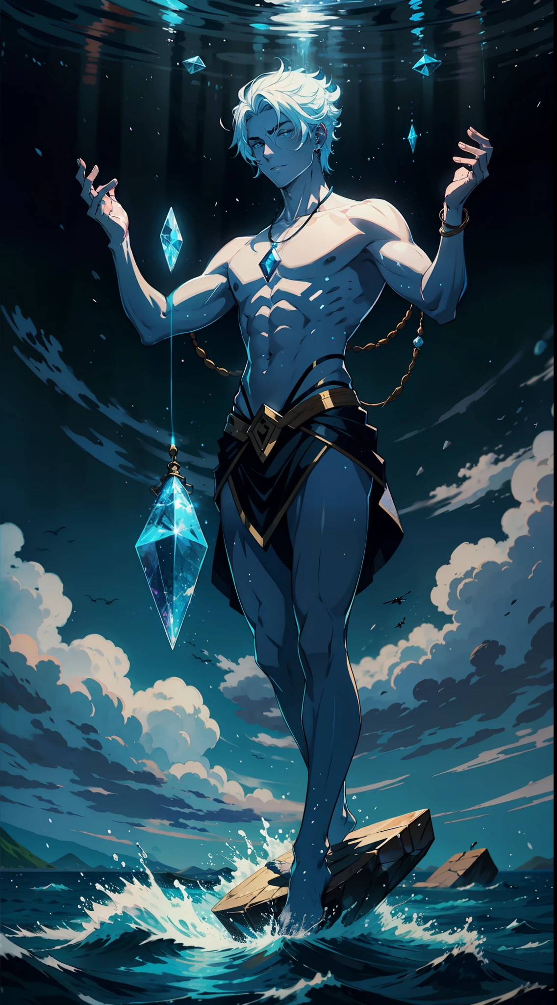 male deity,hovering over the waters,with magic crystals around