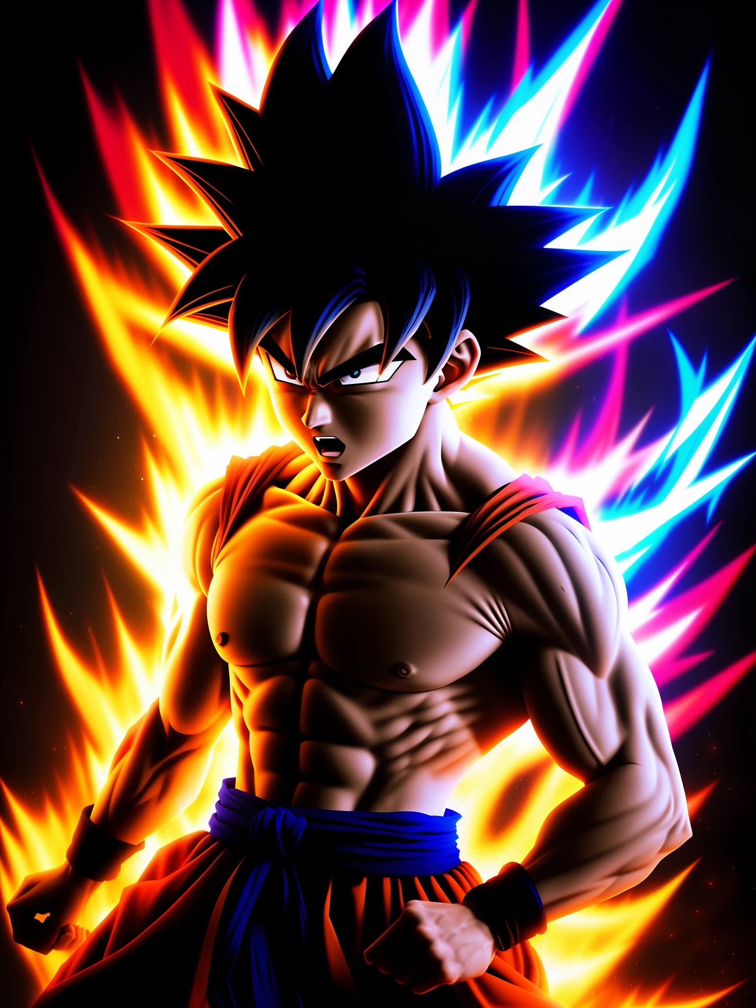 Goku super sayajin, grain film, black background, fuzzy lighting, aura, overflowing colors, hdr, maximum detail, realistic