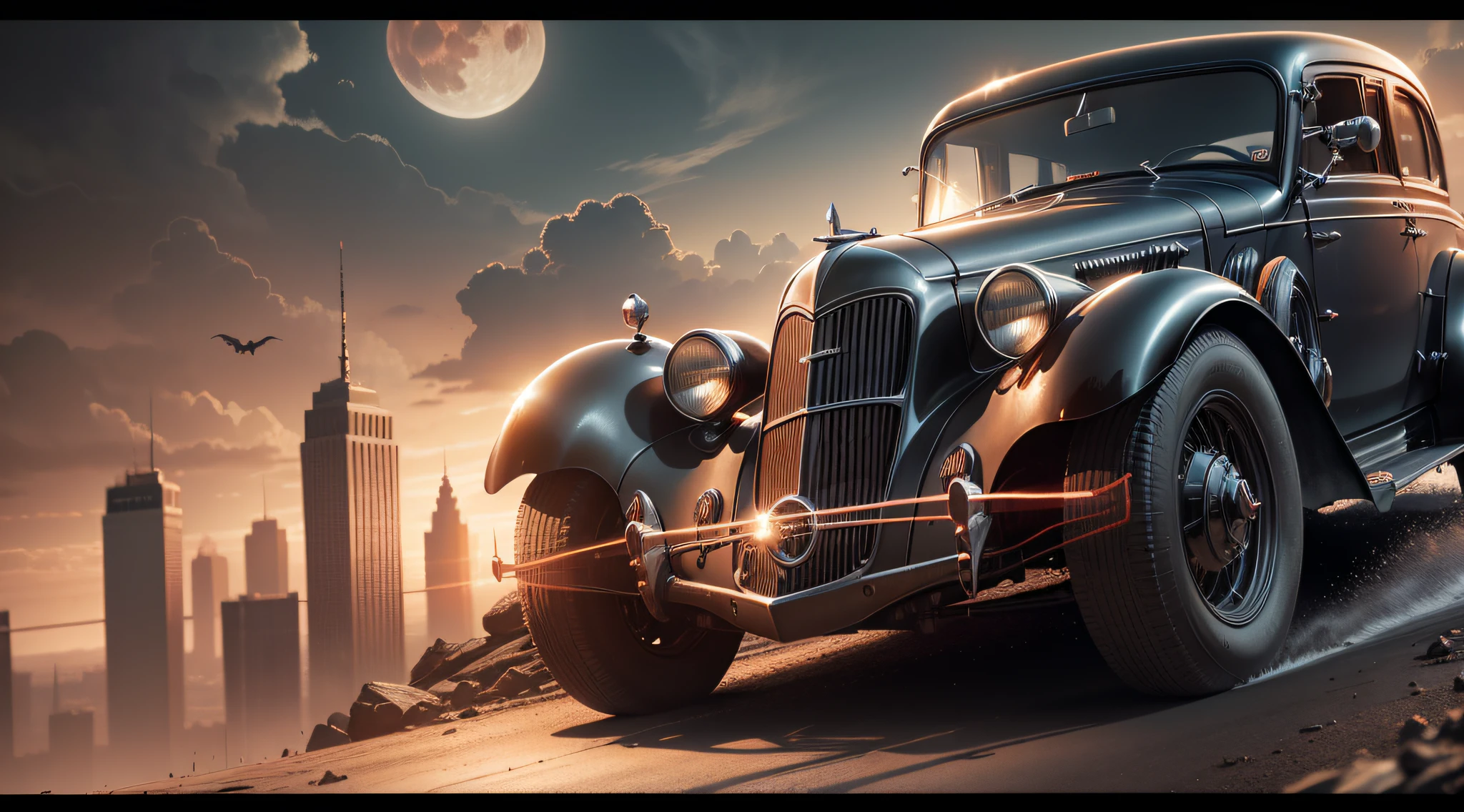 Film still, Batmobile of a gangster standing on a cliff, red moon in the sky, high detail, 1930s gotham city building, masterpiece, (HDR)(wallpaper)(film lighting)(sharp focus), masterpiece, best quality, (extremely detailed CG 8k unit wallpaper), (best quality)