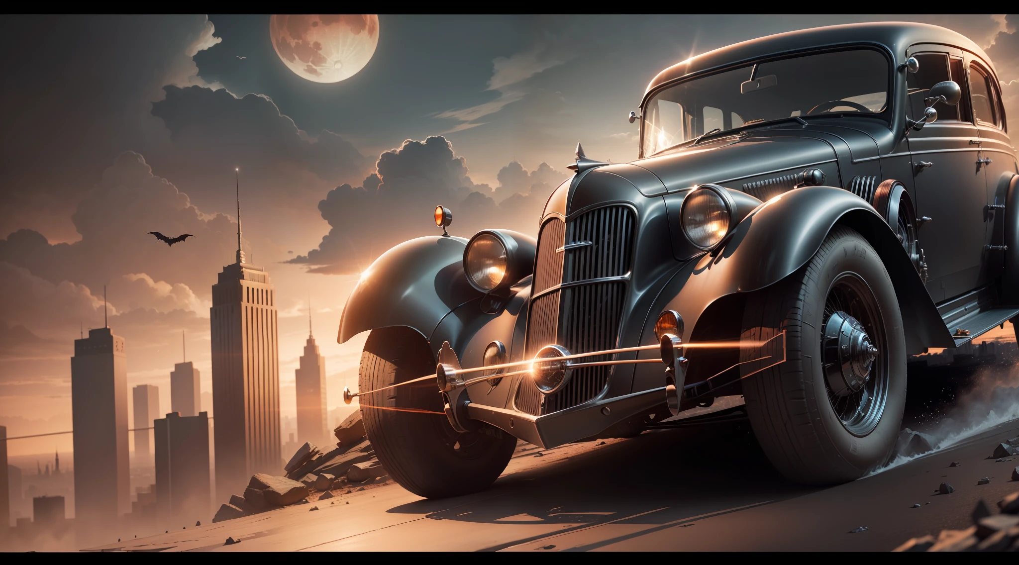 Film still, Batmobile of a gangster standing on a cliff, red moon in the sky, high detail, 1930s gotham city building, masterpiece, (HDR)(wallpaper)(film lighting)(sharp focus), masterpiece, best quality, (extremely detailed CG 8k unit wallpaper), (best quality)