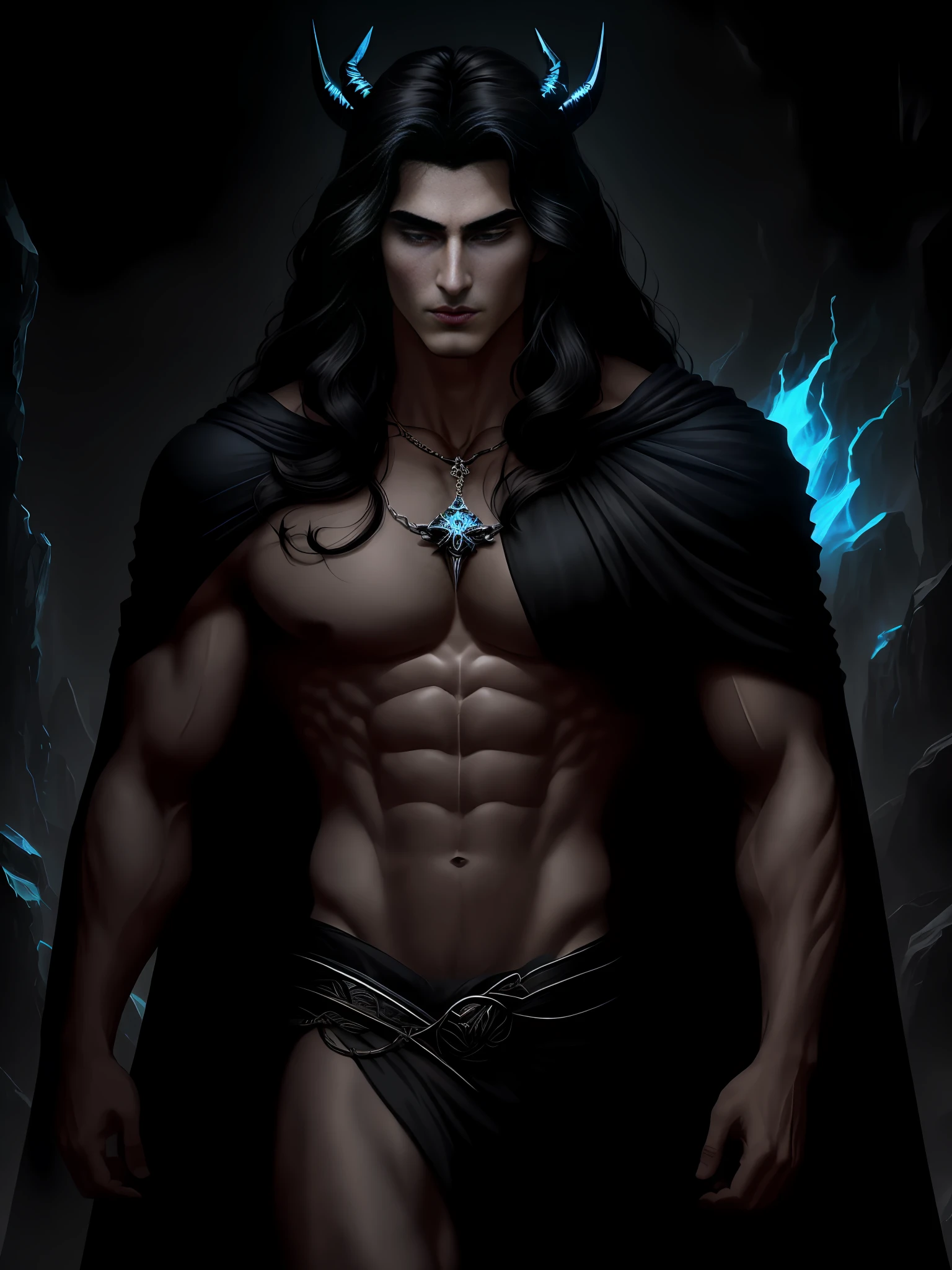 Create an image that depicts Hades, inspired by the book descriptions of Hades and Persephone, written by Scarlett St. Clair. Hades is described as an imposing and seductive Greek god with a dark and powerful aura. He possesses a tall stature and a sculpted body, emanating strength and authority. Her black hair is long and dense, falling in seductive waves over her broad shoulders. His deep eyes are the most intense blue color, conveying a magnetic mystery. He has majestic black horns that curve elegantly around his head, further underscoring his divine nature.The expression on his face reflects a piercing gaze, full of power and knowledge of the dark world he rules. His skin is pale, contrasting with the gloomy scenery around him. In addition, Hades is depicted wearing elegant and majestic costumes, which perfectly match his imposing presence. Their appearance is a balance between beauty and power, attracting both admiration and awe. When creating the image of Hades, be sure to capture his dominant presence, the intensity of his gaze, and the combination of his dark and seductive features. The image should convey the strength and mystery that surrounds it, bringing to life this fascinating Greek god of the underground