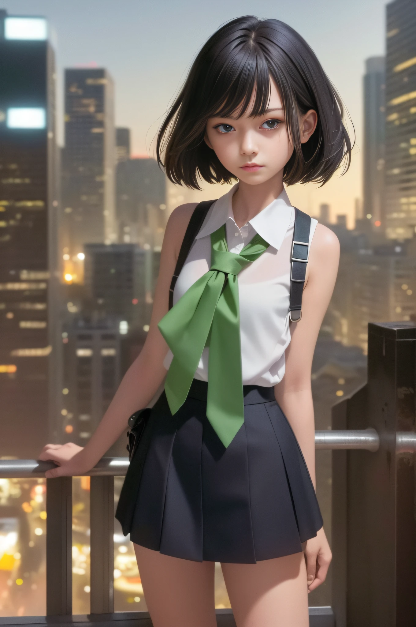 masterpiece, best image quality, black hair, blue eyes, looking up, upper body, thin transparent white shirt with collar, uniform, textured face, stiff stance, high school girl on the roof of a building, very detailed Japan city roof night view background, night view, standing with rooftop railing, overlooking the city, with PARCO sign of the next building in the background, shading, light awn, watercolor style, one high school girl surrounded by night view on the roof of the building, Pointed, ultra high definition face, detailed eyes, neat thin soft cloth green skirt, random hairstyle short hair, green ribbon tie, (8K, RAW, professional, best quality, masterpiece: 1.2), (realistic, photorealistic: 1.37), super detail, (portrait), (highest detail skin: 1.2), (best detail face) : 1.2), Cinematic Lighting