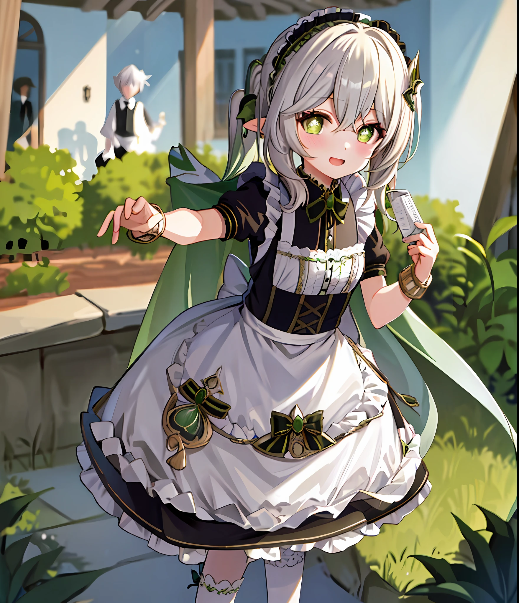 masterpiece, best quality, 1girl, solo, nahida_genshin, cross-shaped pupils, maid outfit, green cape, standing, maid dress, maid,