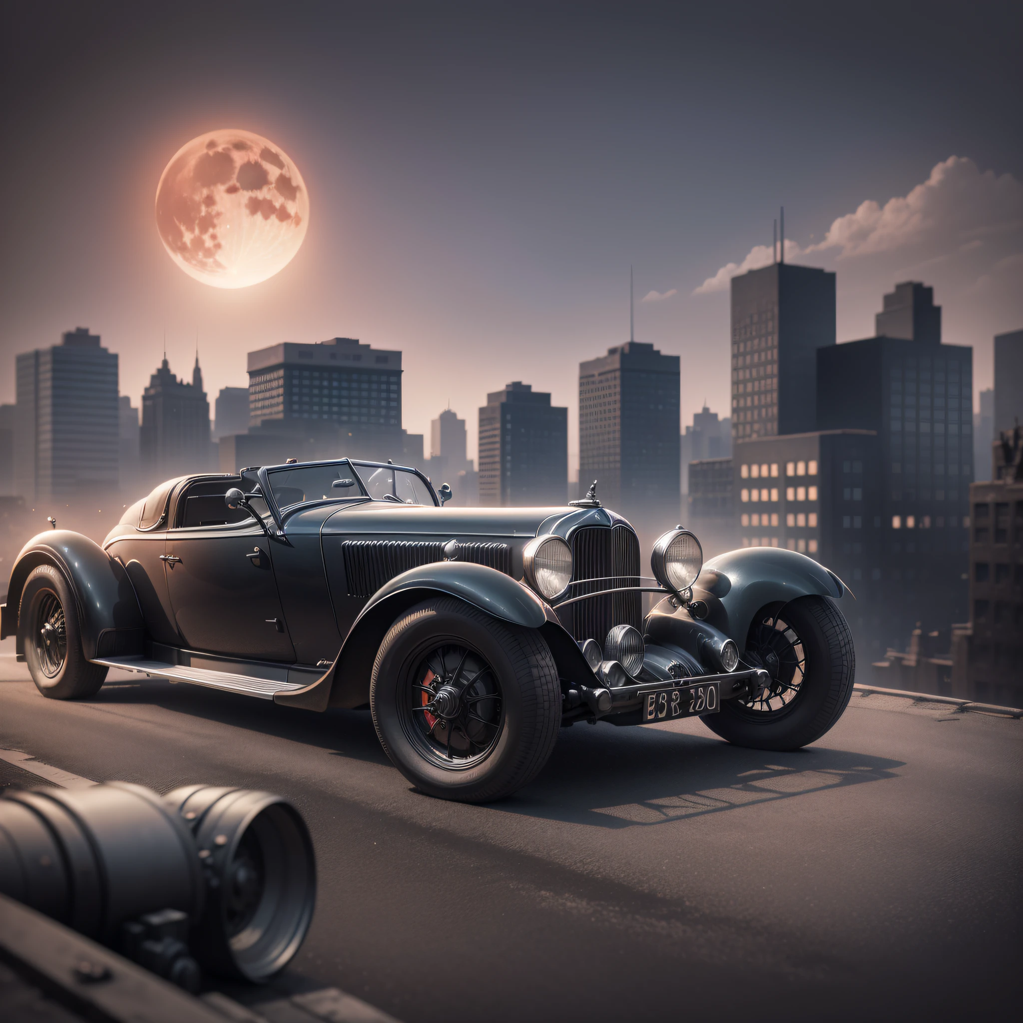 Film still, Batmobile of a gangster standing on a cliff, red moon in the sky, high detail, 1930s gotham city building, masterpiece, (HDR)(wallpaper)(film lighting)(sharp focus), masterpiece, best quality, (extremely detailed CG 8k unit wallpaper), (best quality)
